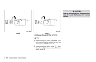 CAUTION
                                                                                                 Use the headlights with the engine run-
                                                                                                 ning to avoid discharging the vehicle
                                                                                                 battery.




                                WIC1435                                             WIC1436
               Type A                                          Type B
                                          HEADLIGHT CONTROL SWITCH
                                          Lighting
                                          ᭺
                                          1   When turning the switch to the             posi-
                                              tion, the front parking, tail, license plate and
                                              instrument panel lights come on.

                                          ᭺
                                          2   When turning the switch to the           posi-
                                              tion, the headlights come on and all the other
                                              lights remain on.




2-28 Instruments and controls




                                                                        ੬ REVIEW COPY—2009 Maxima (max)
                                                                        Owners Manual—USA_English (nna)
                                                                        10/20/08—debbie ੭
 