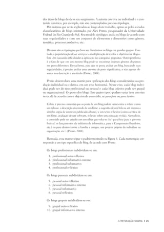 A Revolução Digital	 |	 21
dos tipos de blogs desde o seu surgimento. A autoria coletiva ou individual e o con-
teúdo temático, por exemplo, não são contemplados por essa tipologia.
Por motivos que serão explicados ao longo deste trabalho, optou-se pelos estudos
classificatórios de blogs orientados por Alex Primo, pesquisador da Universidade
Federal do Rio Grande do Sul. Seu modelo tipológico avalia os blogs de acordo com
suas regularidades e com um conjunto de elementos e dimensões como gênero,
temática, processo produtivo, etc:
Diversas são as tipologias que buscam discriminar os blogs em grandes grupos. Con-
tudo, a popularização desse serviço e a multiplicação de estilos e objetivos na blogos-
fera vêm causando dificuldades à aplicação das categorias propostas. Outro problema
é o fato de que em um mesmo blog pode-se encontrar diversos gêneros dispersos
em posts diferentes. Dessa forma, para que se possa avaliar um blog, buscando suas
regularidades, é preciso avaliar uma amostra de posts significativa, e não apenas ob-
servar sua descrição e seu título (Primo, 2008).
Primo desenvolveu uma matriz para tipificação dos blogs considerando sua pro-
dução individual ou coletiva, em um eixo horizontal. Nesse eixo, cada blog indivi-
dual pode ser do tipo profissional ou pessoal e cada blog coletivo pode ser grupal
ou organizacional. Os posts dos blogs (dos quatro tipos) podem variar (em um eixo
vertical) de acordo com o objetivo do conteúdo, se para fora ou para dentro:
Enfim, é preciso comentar que os posts de um blog podem variar entre o relato (como
um release, a descrição do enredo de um filme, a sugestão de um link ou até mesmo a
simples cópia de um texto publicado alhures) e um texto reflexivo (como a crítica de
um filme, avaliação de um software, reflexão sobre uma situação vivida). Além disso,
o conteúdo pode ser criado com um olhar que volta-se (sic) para fora (para o governo
federal, os lançamentos da indústria de informática, para o Campeonato Brasileiro,
etc.) ou para dentro (sobre a família e amigos, um projeto próprio do indivíduo ou
organização, etc.) (Primo, 2008).
Ilustrada, essa matriz segue o padrão mostrado na figura 3. Cada numeração cor­
responde a um tipo específico de blog, de acordo com Primo:
Os blogs profissionais subdividem-se em:
		 1.	 profissional auto-reflexivo
		 2.	 profissional informativo interno
		 3.	 profissional informativo
		 4.	 profissional reflexivo
Os blogs pessoais subdividem-se em:
		 5.	 pessoal auto-reflexivo
		 6.	 pessoal informativo interno
		 7.	 pessoal informativo
		 8.	 pessoal reflexivo
Os blogs grupais subdividem-se em:
		 9.	 grupal auto-reflexivo
		10.	 grupal informativo interno
 