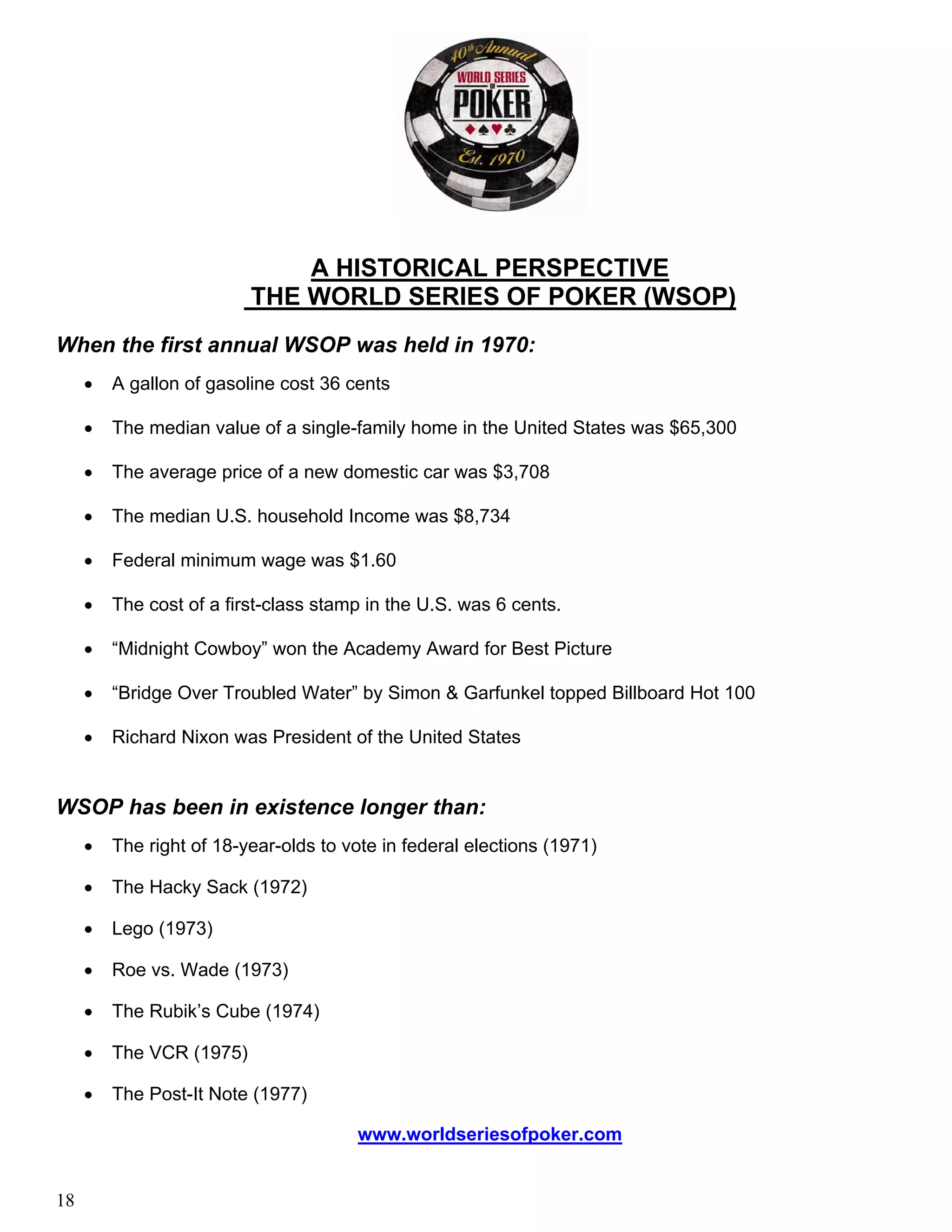 A HISTORICAL PERSPECTIVE
                          THE WORLD SERIES OF POKER (WSOP)
When the first annual WSOP was held in 1970:
     •   A gallon of gasoline cost 36 cents

     •   The median value of a single-family home in the United States was $65,300

     •   The average price of a new domestic car was $3,708

     •   The median U.S. household Income was $8,734

     •   Federal minimum wage was $1.60

     •   The cost of a first-class stamp in the U.S. was 6 cents.

     •   “Midnight Cowboy” won the Academy Award for Best Picture

     •   “Bridge Over Troubled Water” by Simon & Garfunkel topped Billboard Hot 100

     •   Richard Nixon was President of the United States


WSOP has been in existence longer than:
     •   The right of 18-year-olds to vote in federal elections (1971)

     •   The Hacky Sack (1972)

     •   Lego (1973)

     •   Roe vs. Wade (1973)

     •   The Rubik’s Cube (1974)

     •   The VCR (1975)

     •   The Post-It Note (1977)

                                       www.worldseriesofpoker.com


18
 