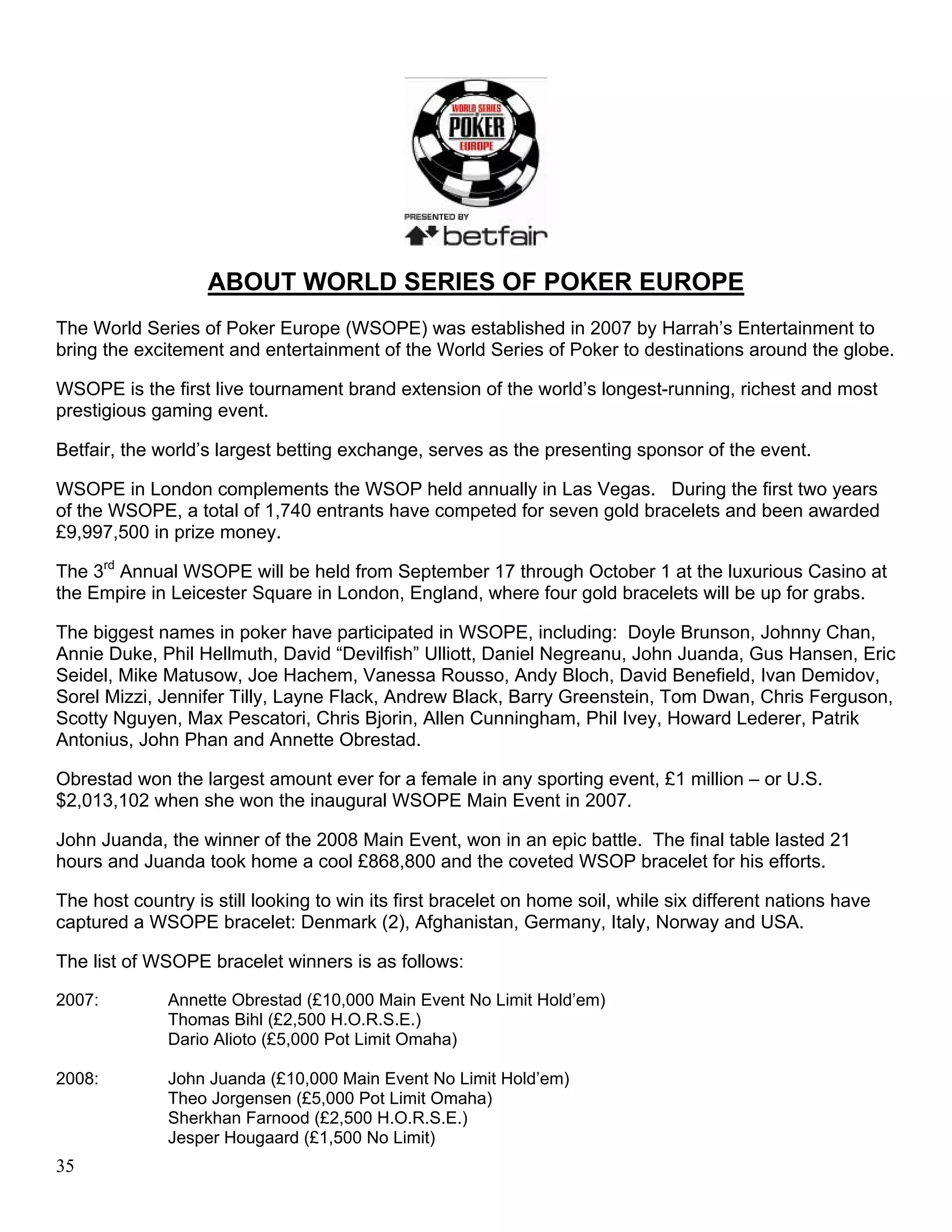 ABOUT WORLD SERIES OF POKER EUROPE
The World Series of Poker Europe (WSOPE) was established in 2007 by Harrah’s Entertainment to
bring the excitement and entertainment of the World Series of Poker to destinations around the globe.

WSOPE is the first live tournament brand extension of the world’s longest-running, richest and most
prestigious gaming event.

Betfair, the world’s largest betting exchange, serves as the presenting sponsor of the event.

WSOPE in London complements the WSOP held annually in Las Vegas. During the first two years
of the WSOPE, a total of 1,740 entrants have competed for seven gold bracelets and been awarded
£9,997,500 in prize money.

The 3rd Annual WSOPE will be held from September 17 through October 1 at the luxurious Casino at
the Empire in Leicester Square in London, England, where four gold bracelets will be up for grabs.

The biggest names in poker have participated in WSOPE, including: Doyle Brunson, Johnny Chan,
Annie Duke, Phil Hellmuth, David “Devilfish” Ulliott, Daniel Negreanu, John Juanda, Gus Hansen, Eric
Seidel, Mike Matusow, Joe Hachem, Vanessa Rousso, Andy Bloch, David Benefield, Ivan Demidov,
Sorel Mizzi, Jennifer Tilly, Layne Flack, Andrew Black, Barry Greenstein, Tom Dwan, Chris Ferguson,
Scotty Nguyen, Max Pescatori, Chris Bjorin, Allen Cunningham, Phil Ivey, Howard Lederer, Patrik
Antonius, John Phan and Annette Obrestad.

Obrestad won the largest amount ever for a female in any sporting event, £1 million – or U.S.
$2,013,102 when she won the inaugural WSOPE Main Event in 2007.

John Juanda, the winner of the 2008 Main Event, won in an epic battle. The final table lasted 21
hours and Juanda took home a cool £868,800 and the coveted WSOP bracelet for his efforts.

The host country is still looking to win its first bracelet on home soil, while six different nations have
captured a WSOPE bracelet: Denmark (2), Afghanistan, Germany, Italy, Norway and USA.

The list of WSOPE bracelet winners is as follows:

2007:         Annette Obrestad (£10,000 Main Event No Limit Hold’em)
              Thomas Bihl (£2,500 H.O.R.S.E.)
              Dario Alioto (£5,000 Pot Limit Omaha)

2008:         John Juanda (£10,000 Main Event No Limit Hold’em)
              Theo Jorgensen (£5,000 Pot Limit Omaha)
              Sherkhan Farnood (£2,500 H.O.R.S.E.)
              Jesper Hougaard (£1,500 No Limit)
35
 