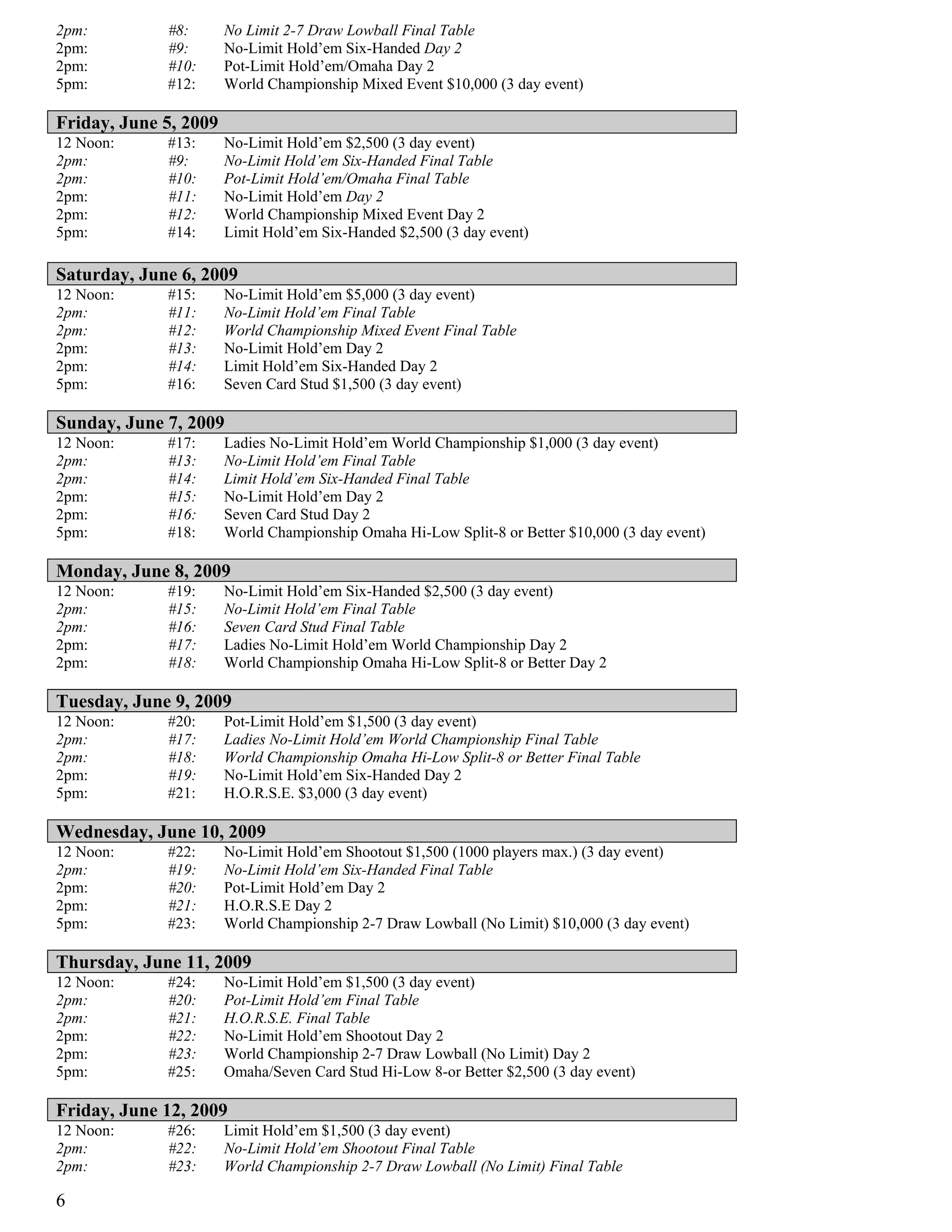 2pm:         #8:       No Limit 2-7 Draw Lowball Final Table
2pm:         #9:       No-Limit Hold’em Six-Handed Day 2
2pm:         #10:      Pot-Limit Hold’em/Omaha Day 2
5pm:         #12:      World Championship Mixed Event $10,000 (3 day event)

Friday, June 5, 2009
12 Noon:     #13:      No-Limit Hold’em $2,500 (3 day event)
2pm:         #9:       No-Limit Hold’em Six-Handed Final Table
2pm:         #10:      Pot-Limit Hold’em/Omaha Final Table
2pm:         #11:      No-Limit Hold’em Day 2
2pm:         #12:      World Championship Mixed Event Day 2
5pm:         #14:      Limit Hold’em Six-Handed $2,500 (3 day event)

Saturday, June 6, 2009
12 Noon:     #15:      No-Limit Hold’em $5,000 (3 day event)
2pm:         #11:      No-Limit Hold’em Final Table
2pm:         #12:      World Championship Mixed Event Final Table
2pm:         #13:      No-Limit Hold’em Day 2
2pm:         #14:      Limit Hold’em Six-Handed Day 2
5pm:         #16:      Seven Card Stud $1,500 (3 day event)

Sunday, June 7, 2009
12 Noon:     #17:      Ladies No-Limit Hold’em World Championship $1,000 (3 day event)
2pm:         #13:      No-Limit Hold’em Final Table
2pm:         #14:      Limit Hold’em Six-Handed Final Table
2pm:         #15:      No-Limit Hold’em Day 2
2pm:         #16:      Seven Card Stud Day 2
5pm:         #18:      World Championship Omaha Hi-Low Split-8 or Better $10,000 (3 day event)

Monday, June 8, 2009
12 Noon:     #19:      No-Limit Hold’em Six-Handed $2,500 (3 day event)
2pm:         #15:      No-Limit Hold’em Final Table
2pm:         #16:      Seven Card Stud Final Table
2pm:         #17:      Ladies No-Limit Hold’em World Championship Day 2
2pm:         #18:      World Championship Omaha Hi-Low Split-8 or Better Day 2

Tuesday, June 9, 2009
12 Noon:     #20:      Pot-Limit Hold’em $1,500 (3 day event)
2pm:         #17:      Ladies No-Limit Hold’em World Championship Final Table
2pm:         #18:      World Championship Omaha Hi-Low Split-8 or Better Final Table
2pm:         #19:      No-Limit Hold’em Six-Handed Day 2
5pm:         #21:      H.O.R.S.E. $3,000 (3 day event)

Wednesday, June 10, 2009
12 Noon:     #22:      No-Limit Hold’em Shootout $1,500 (1000 players max.) (3 day event)
2pm:         #19:      No-Limit Hold’em Six-Handed Final Table
2pm:         #20:      Pot-Limit Hold’em Day 2
2pm:         #21:      H.O.R.S.E Day 2
5pm:         #23:      World Championship 2-7 Draw Lowball (No Limit) $10,000 (3 day event)

Thursday, June 11, 2009
12 Noon:     #24:      No-Limit Hold’em $1,500 (3 day event)
2pm:         #20:      Pot-Limit Hold’em Final Table
2pm:         #21:      H.O.R.S.E. Final Table
2pm:         #22:      No-Limit Hold’em Shootout Day 2
2pm:         #23:      World Championship 2-7 Draw Lowball (No Limit) Day 2
5pm:         #25:      Omaha/Seven Card Stud Hi-Low 8-or Better $2,500 (3 day event)

Friday, June 12, 2009
12 Noon:     #26:      Limit Hold’em $1,500 (3 day event)
2pm:         #22:      No-Limit Hold’em Shootout Final Table
2pm:         #23:      World Championship 2-7 Draw Lowball (No Limit) Final Table

6
 