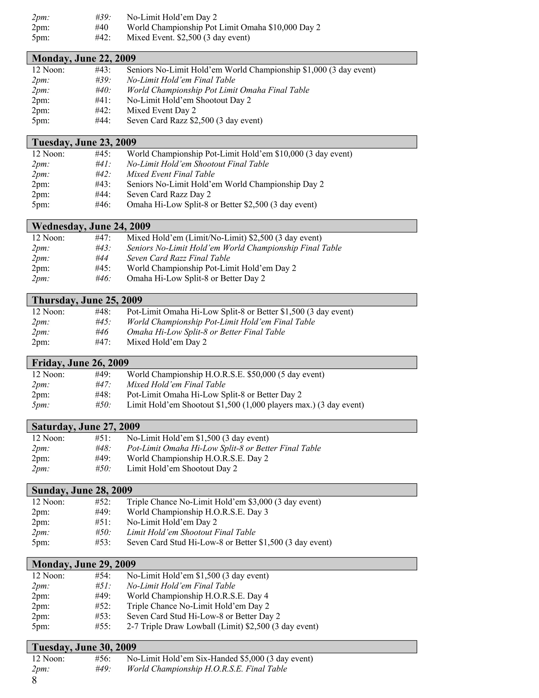 2pm:         #39:   No-Limit Hold’em Day 2
2pm:         #40    World Championship Pot Limit Omaha $10,000 Day 2
5pm:         #42:   Mixed Event. $2,500 (3 day event)

Monday, June 22, 2009
12 Noon:     #43:   Seniors No-Limit Hold’em World Championship $1,000 (3 day event)
2pm:         #39:   No-Limit Hold’em Final Table
2pm:         #40:   World Championship Pot Limit Omaha Final Table
2pm:         #41:   No-Limit Hold’em Shootout Day 2
2pm:         #42:   Mixed Event Day 2
5pm:         #44:   Seven Card Razz $2,500 (3 day event)

Tuesday, June 23, 2009
12 Noon:     #45:   World Championship Pot-Limit Hold’em $10,000 (3 day event)
2pm:         #41:   No-Limit Hold’em Shootout Final Table
2pm:         #42:   Mixed Event Final Table
2pm:         #43:   Seniors No-Limit Hold’em World Championship Day 2
2pm:         #44:   Seven Card Razz Day 2
5pm:         #46:   Omaha Hi-Low Split-8 or Better $2,500 (3 day event)

Wednesday, June 24, 2009
12 Noon:     #47:   Mixed Hold’em (Limit/No-Limit) $2,500 (3 day event)
2pm:         #43:   Seniors No-Limit Hold’em World Championship Final Table
2pm:         #44    Seven Card Razz Final Table
2pm:         #45:   World Championship Pot-Limit Hold’em Day 2
2pm:         #46:   Omaha Hi-Low Split-8 or Better Day 2

Thursday, June 25, 2009
12 Noon:     #48:   Pot-Limit Omaha Hi-Low Split-8 or Better $1,500 (3 day event)
2pm:         #45:   World Championship Pot-Limit Hold’em Final Table
2pm:         #46    Omaha Hi-Low Split-8 or Better Final Table
2pm:         #47:   Mixed Hold’em Day 2

Friday, June 26, 2009
12 Noon:     #49:   World Championship H.O.R.S.E. $50,000 (5 day event)
2pm:         #47:   Mixed Hold’em Final Table
2pm:         #48:   Pot-Limit Omaha Hi-Low Split-8 or Better Day 2
5pm:         #50:   Limit Hold’em Shootout $1,500 (1,000 players max.) (3 day event)

Saturday, June 27, 2009
12 Noon:     #51:   No-Limit Hold’em $1,500 (3 day event)
2pm:         #48:   Pot-Limit Omaha Hi-Low Split-8 or Better Final Table
2pm:         #49:   World Championship H.O.R.S.E. Day 2
2pm:         #50:   Limit Hold’em Shootout Day 2

Sunday, June 28, 2009
12 Noon:     #52:   Triple Chance No-Limit Hold’em $3,000 (3 day event)
2pm:         #49:   World Championship H.O.R.S.E. Day 3
2pm:         #51:   No-Limit Hold’em Day 2
2pm:         #50:   Limit Hold’em Shootout Final Table
5pm:         #53:   Seven Card Stud Hi-Low-8 or Better $1,500 (3 day event)

Monday, June 29, 2009
12 Noon:     #54:   No-Limit Hold’em $1,500 (3 day event)
2pm:         #51:   No-Limit Hold’em Final Table
2pm:         #49:   World Championship H.O.R.S.E. Day 4
2pm:         #52:   Triple Chance No-Limit Hold’em Day 2
2pm:         #53:   Seven Card Stud Hi-Low-8 or Better Day 2
5pm:         #55:   2-7 Triple Draw Lowball (Limit) $2,500 (3 day event)

Tuesday, June 30, 2009
12 Noon:     #56:   No-Limit Hold’em Six-Handed $5,000 (3 day event)
2pm:         #49:   World Championship H.O.R.S.E. Final Table
8
 