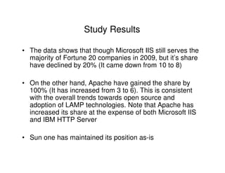 Study Results

• The data shows that though Microsoft IIS still serves the
  majority of Fortune 20 companies in 2009, but it’s share
  have declined by 20% (It came down from 10 to 8)

• On the other hand, Apache have gained the share by
  100% (It has increased from 3 to 6). This is consistent
  with the overall trends towards open source and
  adoption of LAMP technologies. Note that Apache has
  increased its share at the expense of both Microsoft IIS
  and IBM HTTP Server

• Sun one has maintained its position as-is
 