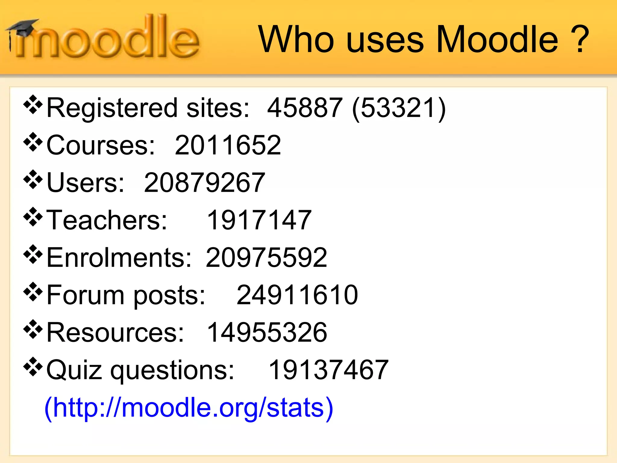 Who uses Moodle ?
Registered sites: 45887 (53321)
Courses: 2011652
Users: 20879267
Teachers: 1917147
Enrolments: 20975592
Forum posts: 24911610
Resources: 14955326
Quiz questions: 19137467
(http://moodle.org/stats)
 