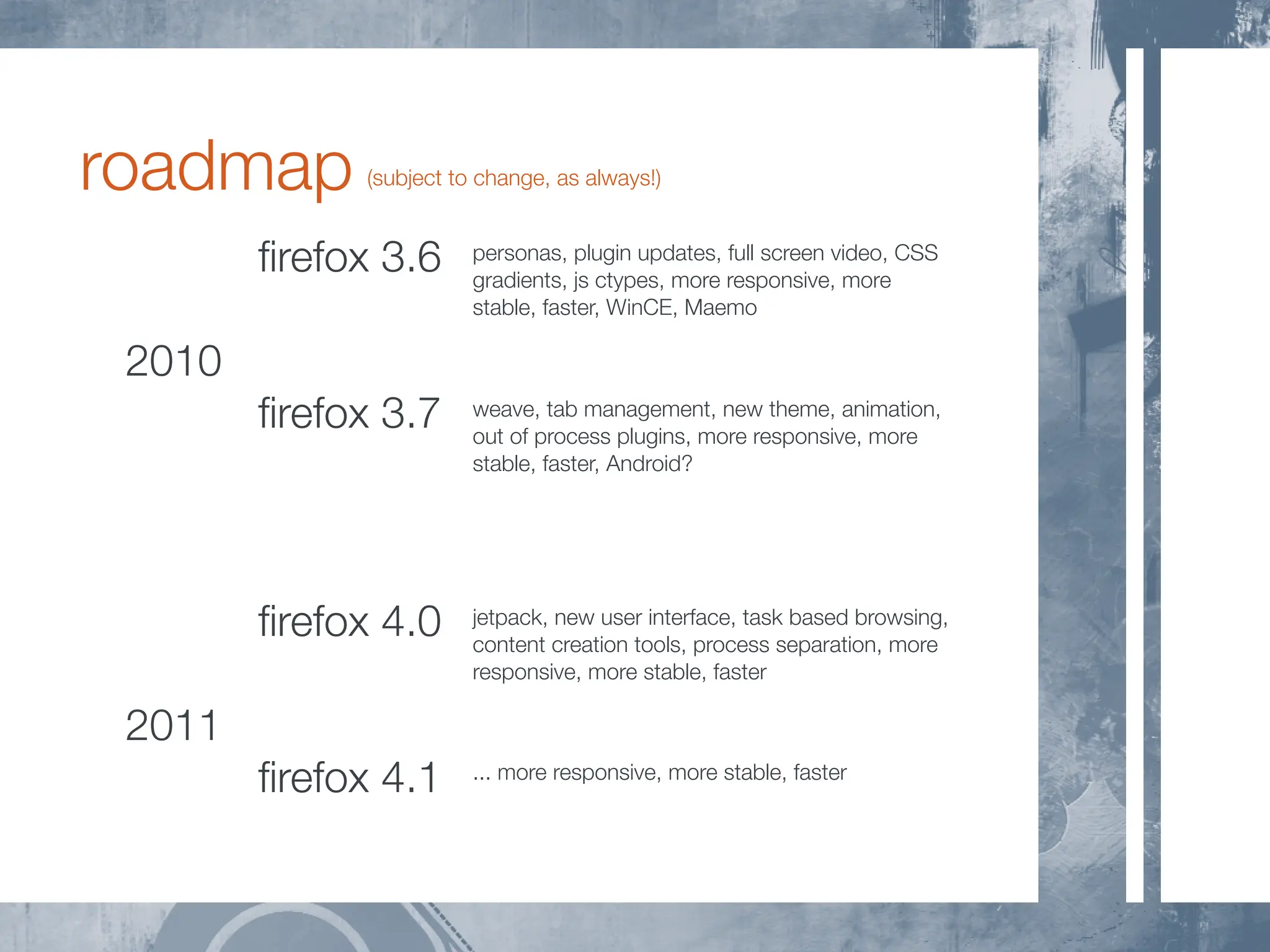 roadmap     (subject to change, as always!)


 2010 ﬁrefox 3.6       personas, plugin updates, full screen video, CSS
                       gradients, js ctypes, more responsive, more
 2010                  stable, faster, WinCE, Maemo

 2010
 2010 ﬁrefox 3.7       weave, tab management, new theme, animation,
                       out of process plugins, more responsive, more
                       stable, faster, Android?




 2010 ﬁrefox 4.0       jetpack, new user interface, task based browsing,
                       content creation tools, process separation, more
                       responsive, more stable, faster

 2011
 2010 ﬁrefox 4.1       ... more responsive, more stable, faster
 