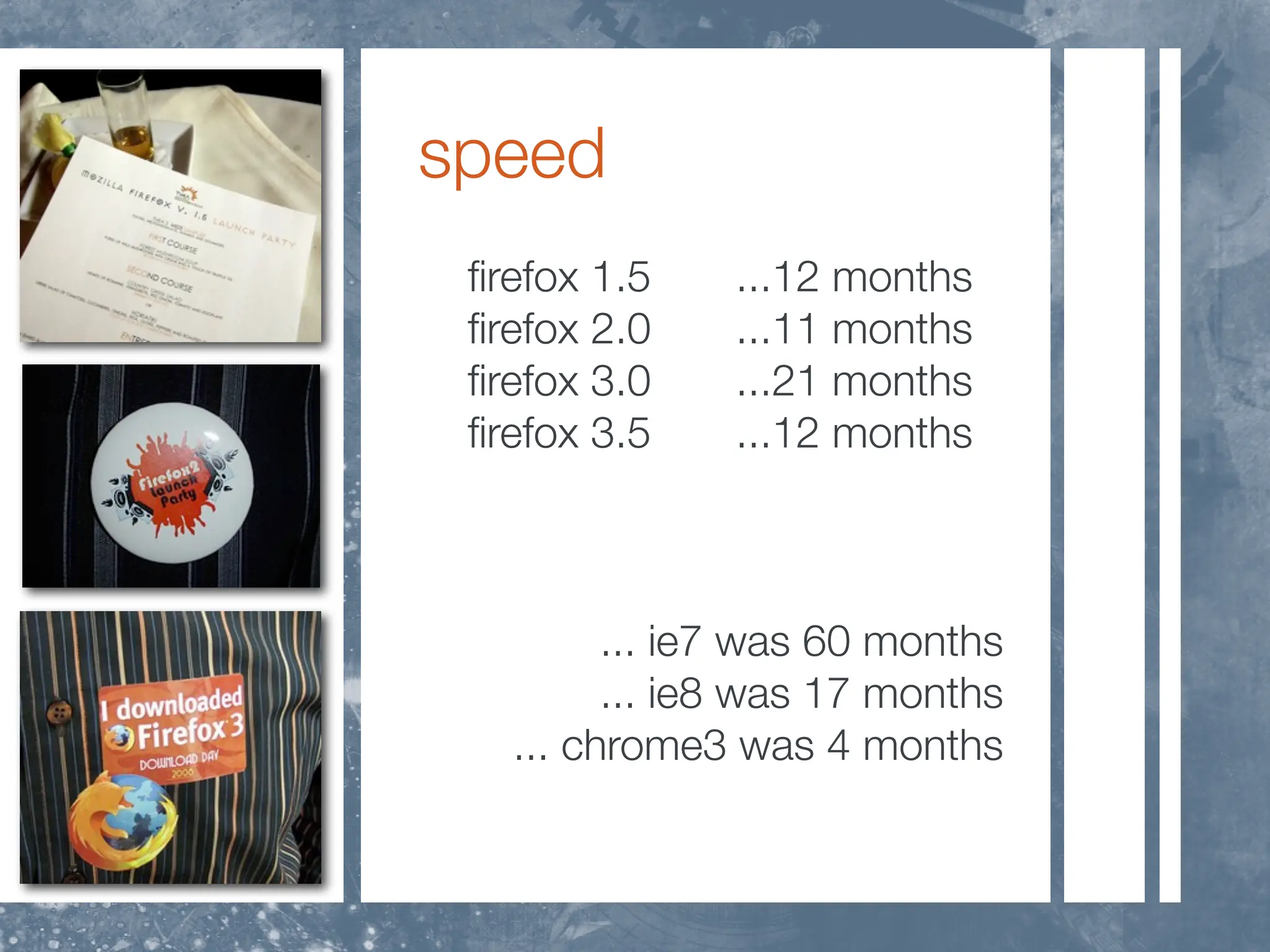 speed
 ﬁrefox 1.5    ...12 months
 ﬁrefox 2.0    ...11 months
 ﬁrefox 3.0    ...21 months
 ﬁrefox 3.5    ...12 months



         ... ie7 was 60 months
         ... ie8 was 17 months
   ... chrome3 was 4 months
 
