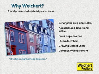 Why Weichert?   A local presence to help build your business. Serving the area since 1986.  Assisted 1600 buyers and selle...