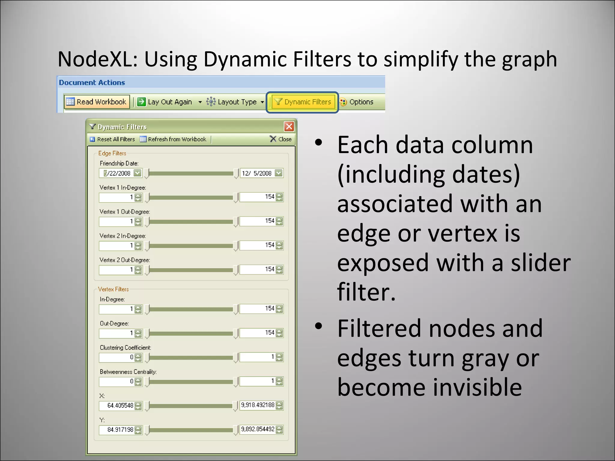NodeXL: Using Dynamic Filters to simplify the graph Each data column (including dates) associated with an edge or vertex is exposed with a slider filter. Filtered nodes and edges turn gray or become invisible 