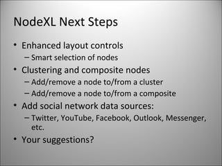 NodeXL Next Steps Enhanced layout controls Smart selection of nodes Clustering and composite nodes Add/remove a node to/from a cluster Add/remove a node to/from a composite Add social network data sources: Twitter, YouTube, Facebook, Outlook, Messenger, etc. Your suggestions? 