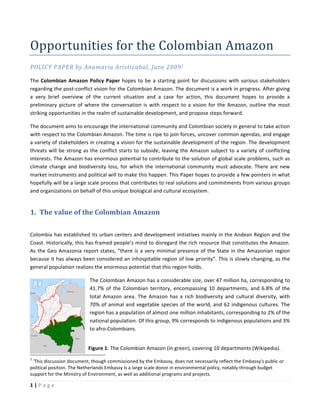 1	|	P a g e 	
	
Opportunities	for	the	Colombian	Amazon	
POLICY	PAPER	by	Anamaria	Aristizabal,	June	20091	
The	Colombian	Amazon	Policy	Paper	hopes	to	be	a	starting	point	for	discussions	with	various	stakeholders	
regarding	the	post-conflict	vision	for	the	Colombian	Amazon.	The	document	is	a	work	in	progress.	After	giving	
a	 very	 brief	 overview	 of	 the	 current	 situation	 and	 a	 case	 for	 action,	 this	 document	 hopes	 to	 provide	 a	
preliminary	picture	of	where	the	conversation	is	with	respect	to	a	vision	for	the	Amazon,	outline	the	most	
striking	opportunities	in	the	realm	of	sustainable	development,	and	propose	steps	forward.		
The	document	aims	to	encourage	the	international	community	and	Colombian	society	in	general	to	take	action	
with	respect	to	the	Colombian	Amazon.	The	time	is	ripe	to	join	forces,	uncover	common	agendas,	and	engage	
a	variety	of	stakeholders	in	creating	a	vision	for	the	sustainable	development	of	the	region.	The	development	
threats	will	be	strong	as	the	conflict	starts	to	subside,	leaving	the	Amazon	subject	to	a	variety	of	conflicting	
interests.	The	Amazon	has	enormous	potential	to	contribute	to	the	solution	of	global	scale	problems,	such	as	
climate	change	and	biodiversity	loss,	for	which	the	international	community	must	advocate.	There	are	new	
market	instruments	and	political	will	to	make	this	happen.	This	Paper	hopes	to	provide	a	few	pointers	in	what	
hopefully	will	be	a	large	scale	process	that	contributes	to	real	solutions	and	commitments	from	various	groups	
and	organizations	on	behalf	of	this	unique	biological	and	cultural	ecosystem.		
1. The	value	of	the	Colombian	Amazon	
	
Colombia	has	established	its	urban	centers	and	development	initiatives	mainly	in	the	Andean	Region	and	the	
Coast.	Historically,	this	has	framed	people’s	mind	to	disregard	the	rich	resource	that	constitutes	the	Amazon.	
As	the	Geo	Amazonia	report	states,	“there	is	a	very	minimal	presence	of	the	State	in	the	Amazonian	region	
because	it	has	always	been	considered	an	inhospitable	region	of	low	priority”.	This	is	slowly	changing,	as	the	
general	population	realizes	the	enormous	potential	that	this	region	holds.	
The	Colombian	Amazon	has	a	considerable	size,	over	47	million	ha,	corresponding	to	
41.7%	 of	 the	 Colombian	 territory,	 encompassing	 10	 departments,	 and	 6.8%	 of	 the	
total	 Amazon	 area.	 The	 Amazon	 has	 a	 rich	 biodiversity	 and	 cultural	 diversity,	 with	
70%	of	animal	and	vegetable	species	of	the	world,	and	62	indigenous	cultures.	The	
region	has	a	population	of	almost	one	million	inhabitants,	corresponding	to	2%	of	the	
national	population.	Of	this	group,	9%	corresponds	to	indigenous	populations	and	3%	
to	afro-Colombians.		
																																																													
1
	'This	discussion	document,	though	commissioned	by	the	Embassy,	does	not	necessarily	reflect	the	Embassy's	public	or	
political	position.	The	Netherlands	Embassy	is	a	large	scale	donor	in	environmental	policy,	notably	through	budget	
support	for	the	Ministry	of	Environment,	as	well	as	additional	programs	and	projects.	
Figure	1:	The	Colombian	Amazon	(in	green),	covering	10	departments	(Wikipedia).	
 