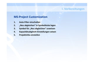 MS-Project Customization
1. Auto-Filter einschalten
2. „Neu abgleichen“ in Symbolleiste legen
3. Symbol für „Neu abgleichen“ zuweisen
4. Kapazitätsabgleich-Einstellungen setzen
5. Projektinfos einstellen
I. Vorbereitungen
 