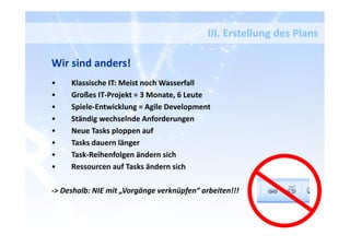 Wir sind anders!
• Klassische IT: Meist noch Wasserfall
• Großes IT-Projekt = 3 Monate, 6 Leute
• Spiele-Entwicklung = Agile Development
• Ständig wechselnde Anforderungen
• Neue Tasks ploppen auf
• Tasks dauern länger
• Task-Reihenfolgen ändern sich
• Ressourcen auf Tasks ändern sich
-> Deshalb: NIE mit „Vorgänge verknüpfen“ arbeiten!!!
III. Erstellung des Plans
 