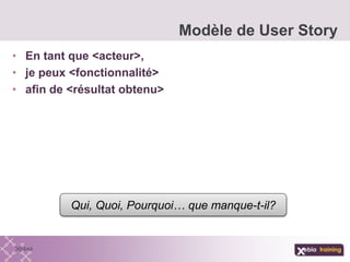 • En tant que <acteur>,
• je peux <fonctionnalité>
• afin de <résultat obtenu>
Modèle de User Story
Qui, Quoi, Pourquoi… que manque-t-il?
 
