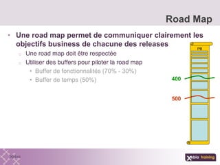 • Une road map permet de communiquer clairement les
objectifs business de chacune des releases
o Une road map doit être respectée
o Utiliser des buffers pour piloter la road map
• Buffer de fonctionnalités (70% - 30%)
• Buffer de temps (50%)
Road Map
PB
400
500
 