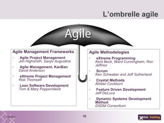 16
L’ombrelle agile
Agile Methodologies
• eXtreme Programming
Kent Beck, Ward Cunningham, Ron
Jeffries
• Scrum
Ken Schwaber and Jeff Sutherland
• Crystal Methods
Alistair Cockburn
• Feature Driven Development
Jeff DeLuca
• Dynamic Systems Development
Method
DSDM Consortium
Agile Management Frameworks
• Agile Project Management
Jim Highsmith, Sanjiv Augustine
• Agile Management, KanBan
David Anderson
• eXtreme Project Management
Rob Thomsett
• Lean Software Development
Tom & Mary Poppendieck
 