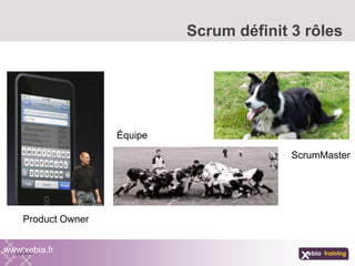 Scrum définit 3 rôles
www.xebia.fr
Product Owner
Équipe
ScrumMaster
 