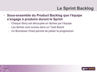 • Sous-ensemble du Product Backlog que l’équipe
s’engage à produire durant le Sprint
o Chaque Story est découpée en tâches par l’équipe
o Les tâches sont suivies dans un Task Board
o Un Burndown Chart permet de piloter la progression
Le Sprint Backlog
 