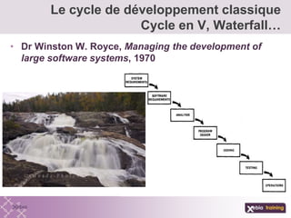 • Dr Winston W. Royce, Managing the development of
large software systems, 1970
Le cycle de développement classique
Cycle en V, Waterfall…
 
