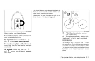 The hazard warning lights will flash once and the
                                                   horn will sound once to confirm that the horn
                                                   beep feature has been reactivated.
                                                   Deactivating the horn beep feature does not si-
                                                   lence the horn if the alarm is triggered.




                                      WPD0362                                                                                                    WPD0382

Silencing the horn beep feature                                                                          ᭺1    P (Park) position selecting warning
                                                                                                               light (CVT models)
If desired, the horn beep feature can be deacti-
vated using the Intelligent Key.                                                                         ᭺
                                                                                                         2     NISSAN Intelligent Key™ warning light
                                                                                                         WARNING LIGHTS AND AUDIBLE
To deactivate: Press and hold the                                                                        REMINDERS
and      buttons for at least 2 seconds.
                                                                                                         The Intelligent Key is equipped with a function
The hazard warning lights will flash 3 times to                                                          that is designed to minimize improper operations
confirm that the horn beep feature has been                                                              and to help prevent the vehicle from being stolen.
deactivated.                                                                                             The warning buzzer sounds and the warning light
To activate: Press and hold the                                                                          illuminates when improper operations are de-
                                                                                                         tected.
and      buttons for at least 2 seconds
once more.


                                                                                                       Pre-driving checks and adjustments 3-19




                                                                                ੬ REVIEW COPY—2009 Sentra (sen)
                                                                                Owners Manual—USA_English (nna)
                                                                                10/23/08—debbie ੭
 