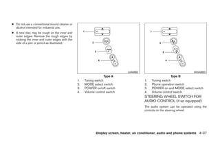● Do not use a conventional record cleaner or
  alcohol intended for industrial use.
● A new disc may be rough on the inner and
  outer edges. Remove the rough edges by
  rubbing the inner and outer edges with the
  side of a pen or pencil as illustrated.




                                                                                 LHA0692                                    WHA0693
                                                                  Type A                                    Type B
                                                1.   Tuning switch                         1.   Tuning switch
                                                2.   MODE select switch                    2.   Phone operation switch
                                                3.   POWER on/off switch                   3.   POWER on and MODE select switch
                                                4.   Volume control switch                 4.   Volume control switch
                                                                                           STEERING WHEEL SWITCH FOR
                                                                                           AUDIO CONTROL (if so equipped)
                                                                                           The audio system can be operated using the
                                                                                           controls on the steering wheel.




                                                            Display screen, heater, air conditioner, audio and phone systems 4-37




                                                                           ੬ REVIEW COPY—2009 Sentra (sen)
                                                                           Owners Manual—USA_English (nna)
                                                                           10/23/08—debbie ੭
 