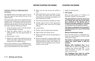 BEFORE STARTING THE ENGINE                        STARTING THE ENGINE


NISSAN VEHICLE IMMOBILIZER                                 ● Make sure the area around the vehicle is        1. Apply the parking brake.
SYSTEM                                                       clear.
                                                                                                             2. CVT model:
The NISSAN Vehicle Immobilizer system will not             ● Check fluid levels such as engine oil, cool-
                                                             ant, brake and clutch fluid, and window            Move the shift selector to P (Park) or N
allow the engine to start without the use of the                                                                (Neutral). P (Park) is recommended.
registered key.                                              washer fluid as frequently as possible, or at
                                                             least whenever you refuel.                         The shift selector cannot be moved out
If the engine fails to start using a registered key (for
example, when interference is caused by another            ● Check that all windows and lights are clean.       of P (Park) and into any of the other
                                                                                                                gear positions if the ignition key is
registered key, an automated toll road device or           ● Visually inspect tires for their appearance        turned to the OFF position or if the key
automatic payment device on the key ring), restart           and condition. Also check tires for proper         is removed from the ignition switch.
the engine using the following procedure:                    inflation.
                                                                                                                The starter is designed not to operate if
 1. Leave the ignition switch in the ON position           ● Lock all doors.
    for approximately 5 seconds.                                                                                the shift selector is in any of the driving
                                                           ● Position seat and adjust head restraints.          positions.
 2. Place the ignition switch in the OFF or
    LOCK position, and wait approximately 10               ● Adjust inside and outside mirrors.                 Manual transmission model:
    seconds.                                               ● Fasten seat belts and ask all passengers to        Move the shift selector to N (Neutral). De-
 3. Repeat steps 1 and 2.                                    do likewise.                                       press the clutch pedal to the floor while
                                                                                                                cranking the engine.
 4. Restart the engine while holding the device            ● Check the operation of warning lights when
    (which may have caused the interference)                 the key is turned to the ON (3) position. See      The starter is designed not to operate
    separate from the registered key.                        “Warning/indicator lights and audible re-          unless the clutch pedal is fully de-
                                                             minders” in the “Instruments and controls”         pressed.
If the no start condition re-occurs, NISSAN recom-
                                                             section of this manual.
mends placing the registered key on a separate key                                                              Models with Intelligent Key: Slowly
ring to avoid interference from other devices.                                                                  “PUSH ON” the ignition switch. When the
                                                                                                                Intelligent Key warning light    in the
                                                                                                                meter illuminates in green, the ignition
                                                                                                                switch can be turned.
                                                                                                                The Intelligent Key must be carried
                                                                                                                when operating the ignition switch.
5-10 Starting and driving




                                                                                      ੬ REVIEW COPY—2009 Sentra (sen)
                                                                                      Owners Manual—USA_English (nna)
                                                                                      10/27/08—tbrooks ੭
 