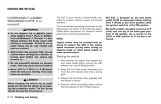 DRIVING THE VEHICLE


CONTINUOUSLY VARIABLE                           The CVT in your vehicle is electronically con-     The CVT is designed so the foot brake
                                                trolled to produce maximum power and smooth        pedal MUST be depressed before shifting
TRANSMISSION (CVT) (if so                       operation.                                         from P (Park) to any drive position while
equipped)                                                                                          the ignition switch is in the ON position.
                                                The recommended operating procedures for this
                  WARNING                       transmission are shown on the following pages.     The shift selector cannot be moved out of P
                                                Follow these procedures for maximum vehicle        (Park) and into any of the other gear posi-
● Do not depress the accelerator pedal          performance and driving enjoyment.                 tions if the ignition key is turned to the
  while shifting from P (Park) or N (Neu-                                                          LOCK or OFF position or if the key is re-
  tral) to R (Reverse), D (Drive) or L (Low).   NOTE:                                              moved.
  Always depress the brake pedal until
  shifting is completed. Failure to do so       Engine power may be automatically re-
  could cause you to lose control and           duced to protect the CVT if the engine
  have an accident.                             speed increases quickly when driving on
                                                slippery roads or while being tested on
● Cold engine idle speed is high, so use        some dynamometers.
  caution when shifting into a forward or
  reverse gear before the engine has            Starting the vehicle
  warmed up.                                     1. After starting the engine, fully depress the
● Do not downshift abruptly on slippery             foot brake pedal before moving the shift
  roads. This may cause a loss of control.          selector out of the P (Park) position.
● Never shift to P (Park) or R (Reverse)         2. Keep the foot brake pedal depressed and
  while the vehicle is moving. This could           move the shift selector lever into a driving
  cause an accident.                                gear.
                                                 3. Release the foot brake, then gradually start
                   CAUTION                          the vehicle in motion.
When stopping the vehicle on an uphill           4. Stop the vehicle completely before shifting
grade, do not hold the vehicle by depress-          the shift selector to the P (Park) position.
ing the accelerator pedal. The foot brake
should be used for this purpose.

5-12 Starting and driving




                                                                            ੬ REVIEW COPY—2009 Sentra (sen)
                                                                            Owners Manual—USA_English (nna)
                                                                            10/27/08—tbrooks ੭
 