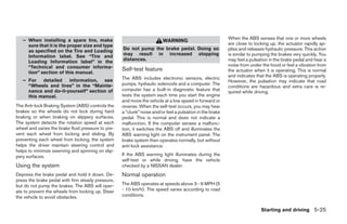 – When installing a spare tire, make                                                                    When the ABS senses that one or more wheels
                                                                         WARNING
     sure that it is the proper size and type                                                              are close to locking up, the actuator rapidly ap-
     as specified on the Tire and Loading           Do not pump the brake pedal. Doing so                  plies and releases hydraulic pressure. This action
     Information label. See “Tire and               may result in increased stopping                       is similar to pumping the brakes very quickly. You
     Loading Information label” in the              distances.                                             may feel a pulsation in the brake pedal and hear a
     “Technical and consumer informa-                                                                      noise from under the hood or feel a vibration from
                                                    Self-test feature                                      the actuator when it is operating. This is normal
     tion” section of this manual.
                                                                                                           and indicates that the ABS is operating properly.
   – For detailed information, see                  The ABS includes electronic sensors, electric
                                                                                                           However, the pulsation may indicate that road
     “Wheels and tires” in the “Mainte-             pumps, hydraulic solenoids and a computer. The
                                                                                                           conditions are hazardous and extra care is re-
     nance and do-it-yourself” section of           computer has a built-in diagnostic feature that        quired while driving.
     this manual.                                   tests the system each time you start the engine
                                                    and move the vehicle at a low speed in forward or
The Anti-lock Braking System (ABS) controls the     reverse. When the self-test occurs, you may hear
brakes so the wheels do not lock during hard        a “clunk” noise and/or feel a pulsation in the brake
braking or when braking on slippery surfaces.       pedal. This is normal and does not indicate a
The system detects the rotation speed at each       malfunction. If the computer senses a malfunc-
wheel and varies the brake fluid pressure to pre-   tion, it switches the ABS off and illuminates the
vent each wheel from locking and sliding. By        ABS warning light on the instrument panel. The
preventing each wheel from locking, the system      brake system then operates normally, but without
helps the driver maintain steering control and      anti-lock assistance.
helps to minimize swerving and spinning on slip-
pery surfaces.                                      If the ABS warning light illuminates during the
                                                    self-test or while driving, have the vehicle
Using the system                                    checked by a NISSAN dealer.
Depress the brake pedal and hold it down. De-       Normal operation
press the brake pedal with firm steady pressure,
but do not pump the brakes. The ABS will oper-      The ABS operates at speeds above 3 - 6 MPH (5
ate to prevent the wheels from locking up. Steer    - 10 km/h). The speed varies according to road
the vehicle to avoid obstacles.                     conditions.


                                                                                                                           Starting and driving 5-25




                                                                                   ੬ REVIEW COPY—2009 Sentra (sen)
                                                                                   Owners Manual—USA_English (nna)
                                                                                   10/27/08—tbrooks ੭
 