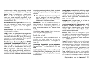When driving in areas using road salt or other          alignment. If the steering wheel or seat vibrates at   Brake pedal Check the pedal for smooth opera-
corrosive materials, check lubrication frequently.      normal highway speeds, wheel balancing may be          tion. If the brake pedal suddenly goes down fur-
                                                        needed.                                                ther than normal, the pedal feels spongy or the
Lights* Clean the headlights on a regular basis.
                                                                                                               vehicle seems to take longer to stop, see a
Make sure that the headlights, stop lights, tail         ● For additional information regarding tires,
                                                                                                               NISSAN dealer immediately. Keep the floor mat
lights, turn signal lights, and other lights are all       refer to “Important Tire Safety Information”
                                                                                                               away from the pedal.
operating properly and installed securely. Also            (US) or “Tire Safety Information” (Canada) in
check headlight aim.                                       the Warranty Information Booklet.                   Brakes Check that the brakes do not pull the
                                                                                                               vehicle to one side when applied.
Road wheel nuts (lug nuts)* When checking               Windshield Clean the windshield on a regular
the tires, make sure no wheel nuts are missing,         basis. Check the windshield at least every six         Continuously Variable Transmission (CVT)
and check for any loose wheel nuts. Tighten if          months for cracks or other damage. Have a dam-         P (Park) position mechanism On a fairly
necessary.                                              aged windshield repaired by a qualified repair         steep hill, check that the vehicle is held securely
                                                        facility.                                              with the shift selector in the P (Park) position
Tire rotation* Tires should be rotated every
                                                                                                               without applying any brakes.
7,500 miles (12,000 km).                                Windshield wiper blades* Check for cracks or
                                                        wear if they do not wipe properly.                     Parking brake Check the parking brake opera-
Tires* Check the pressure with a gauge often
                                                                                                               tion regularly. The vehicle should be securely held
and always prior to long distance trips. If neces-      Inside the vehicle                                     on a fairly steep hill with only the parking brake
sary, adjust the pressure in all tires, including the
                                                        The maintenance items listed here should be            applied. If the parking brake needs adjustment,
spare, to the pressure specified. Check carefully
                                                        checked on a regular basis, such as when per-          see a NISSAN dealer.
for damage, cuts or excessive wear.
                                                        forming periodic maintenance, cleaning the ve-         Seats Check seat position controls such as seat
Tire Pressure Monitoring System (TPMS)                  hicle, etc.                                            adjusters, seatback recliner, etc., to ensure they
transmitter components Replace the TPMS
                                                        Additional information on the following                operate smoothly and all latches lock securely in
transmitter grommet seal, valve core and cap
                                                        items with an “*” is found later in this sec-          every position. Check that the head restraints
when the tires are replaced due to wear or age.
                                                        tion.                                                  move up and down smoothly and the locks (if so
Wheel alignment and balance If the vehicle                                                                     equipped) hold securely in all latched positions.
should pull to either side while driving on a           Accelerator pedal Check the pedal for smooth
                                                        operation and make sure the pedal does not bind        Seat belts Check that all parts of the seat belt
straight and level road, or if you detect uneven or
                                                        or require uneven effort. Keep the floor mat away      system (for example, buckles, anchors, adjusters
abnormal tire wear, there may be a need for wheel
                                                        from the pedal.                                        and retractors) operate properly and smoothly,

                                                                                                                   Maintenance and do-it-yourself 8-3




                                                                                       ੬ REVIEW COPY—2009 Sentra (sen)
                                                                                       Owners Manual—USA_English (nna)
                                                                                       10/27/08—tbrooks ੭
 