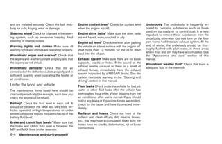 and are installed securely. Check the belt web-      Engine coolant level* Check the coolant level         Underbody The underbody is frequently ex-
bing for cuts, fraying, wear or damage.              when the engine is cold.                              posed to corrosive substances such as those
                                                                                                           used on icy roads or to control dust. It is very
Steering wheel Check for changes in the steer-       Engine drive belts* Make sure the drive belts         important to remove these substances from the
ing system, such as excessive freeplay, hard         are not frayed, worn, cracked or oily.                underbody, otherwise rust may form on the floor
steering or strange noises.                                                                                pan, frame, fuel lines and exhaust system. At the
                                                     Engine oil level* Check the level after parking
Warning lights and chimes Make sure all              the vehicle on a level surface with the engine off.   end of winter, the underbody should be thor-
warning lights and chimes are operating properly.    Wait more than 10 minutes for the oil to drain        oughly flushed with plain water, in those areas
                                                     back into the oil pan.                                where mud and dirt may have accumulated. See
Windshield wiper and washer* Check that                                                                    the “Appearance and care” section of this
the wipers and washer operate properly and that      Exhaust system Make sure there are no loose           manual.
the wipers do not streak.                            supports, cracks or holes. If the sound of the
                                                                                                           Windshield washer fluid* Check that there is
                                                     exhaust seems unusual or there is a smell of          adequate fluid in the reservoir.
Windshield defroster Check that the air
                                                     exhaust fumes, immediately have the exhaust
comes out of the defroster outlets properly and in
                                                     system inspected by a NISSAN dealer. See the
sufficient quantity when operating the heater or
                                                     carbon monoxide warning in the “Starting and
air conditioner.
                                                     driving” section of this manual.
Under the hood and vehicle                           Fluid leaks Check under the vehicle for fuel, oil,
The maintenance items listed here should be          water or other fluid leaks after the vehicle has
checked periodically (for example, each time you     been parked for a while. Water dripping from the
check the engine oil or refuel).                     air conditioner after use is normal. If you should
                                                     notice any leaks or if gasoline fumes are evident,
Battery* Check the fluid level in each cell. It      check for the cause and have it corrected imme-
should be between the MAX and MIN lines. Ve-         diately.
hicles operated in high temperatures or under
severe conditions require frequent checks of the     Radiator and hoses Check the front of the
battery fluid level.                                 radiator and clean off any dirt, insects, leaves,
                                                     etc., that may have accumulated. Make sure the
Brake and clutch fluid levels* Make sure that
                                                     hoses have no cracks, deformation, rot or loose
the brake and clutch fluid level is between the
MIN and MAX lines on the reservoir.                  connections.

8-4 Maintenance and do-it-yourself




                                                                                   ੬ REVIEW COPY—2009 Sentra (sen)
                                                                                   Owners Manual—USA_English (nna)
                                                                                   10/27/08—tbrooks ੭
 
