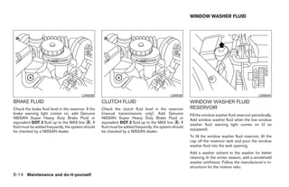 WINDOW WASHER FLUID




                                           LDI0539                                              LDI0539                                               LDI0540
BRAKE FLUID                                            CLUTCH FLUID                                        WINDOW WASHER FLUID
Check the brake fluid level in the reservoir. If the   Check the clutch fluid level in the reservoir       RESERVOIR
brake warning light comes on, add Genuine              (manual transmissions only). Add Genuine            Fill the window washer fluid reservoir periodically.
NISSAN Super Heavy Duty Brake Fluid or                 NISSAN Super Heavy Duty Brake Fluid or              Add window washer fluid when the low window
equivalent DOT 3 fluid up to the MAX line ᭺. IfA       equivalent DOT 3 fluid up to the MAX line ᭺. If
                                                                                                    A
                                                                                                           washer fluid warning light comes on (if so
fluid must be added frequently, the system should      fluid must be added frequently, the system should
                                                                                                           equipped).
be checked by a NISSAN dealer.                         be checked by a NISSAN dealer.
                                                                                                           To fill the window washer fluid reservoir, lift the
                                                                                                           cap off the reservoir tank and pour the window
                                                                                                           washer fluid into the tank opening.
                                                                                                           Add a washer solvent to the washer for better
                                                                                                           cleaning. In the winter season, add a windshield
                                                                                                           washer antifreeze. Follow the manufacturer’s in-
                                                                                                           structions for the mixture ratio.
8-14 Maintenance and do-it-yourself




                                                                                    ੬ REVIEW COPY—2009 Sentra (sen)
                                                                                    Owners Manual—USA_English (nna)
                                                                                    10/27/08—tbrooks ੭
 
