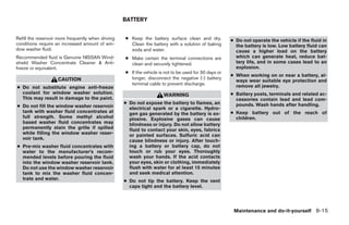 BATTERY


Refill the reservoir more frequently when driving   ● Keep the battery surface clean and dry.           ● Do not operate the vehicle if the fluid in
conditions require an increased amount of win-        Clean the battery with a solution of baking         the battery is low. Low battery fluid can
dow washer fluid.                                     soda and water.                                     cause a higher load on the battery
Recommended fluid is Genuine NISSAN Wind-           ● Make certain the terminal connections are           which can generate heat, reduce bat-
shield Washer Concentrate Cleaner & Anti-             clean and securely tightened.                       tery life, and in some cases lead to an
freeze or equivalent.                                                                                     explosion.
                                                    ● If the vehicle is not to be used for 30 days or
                                                                                                        ● When working on or near a battery, al-
                    CAUTION                           longer, disconnect the negative (-) battery
                                                                                                          ways wear suitable eye protection and
                                                      terminal cable to prevent discharge.                remove all jewelry.
● Do not substitute engine anti-freeze
  coolant for window washer solution.                                  WARNING                          ● Battery posts, terminals and related ac-
  This may result in damage to the paint.                                                                 cessories contain lead and lead com-
                                                    ● Do not expose the battery to flames, an             pounds. Wash hands after handling.
● Do not fill the window washer reservoir             electrical spark or a cigarette. Hydro-
  tank with washer fluid concentrates at              gen gas generated by the battery is ex-           ● Keep battery out of the reach of
  full strength. Some methyl alcohol                  plosive. Explosive gases can cause                  children.
  based washer fluid concentrates may                 blindness or injury. Do not allow battery
  permanently stain the grille if spilled             fluid to contact your skin, eyes, fabrics
  while filling the window washer reser-              or painted surfaces. Sulfuric acid can
  voir tank.                                          cause blindness or injury. After touch-
● Pre-mix washer fluid concentrates with              ing a battery or battery cap, do not
  water to the manufacturer’s recom-                  touch or rub your eyes. Thoroughly
  mended levels before pouring the fluid              wash your hands. If the acid contacts
  into the window washer reservoir tank.              your eyes, skin or clothing, immediately
  Do not use the window washer reservoir              flush with water for at least 15 minutes
  tank to mix the washer fluid concen-                and seek medical attention.
  trate and water.                                  ● Do not tip the battery. Keep the vent
                                                      caps tight and the battery level.




                                                                                                         Maintenance and do-it-yourself 8-15




                                                                                ੬ REVIEW COPY—2009 Sentra (sen)
                                                                                Owners Manual—USA_English (nna)
                                                                                10/27/08—tbrooks ੭
 