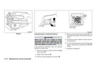 LDI0593                                                                                                WDI0569
               Type B                   PASSENGER COMPARTMENT                               4. Remove the fuse with the fuse puller ᭺. The
                                                                                                                                        C
                                                                                               fuse puller is located in the center of the fuse
                                                            CAUTION                            block.
                                        Never use a fuse of a higher or lower               5. If the fuse is open, replace it with an equiva-
                                        amperage rating than specified on the                  lent good fuse.
                                        fuse box cover. This could damage the               6. If a new fuse also opens, have the electrical
                                        electrical system or cause a fire.                     system checked and repaired by a NISSAN
                                        If any electrical equipment does not operate,          dealer.
                                        check for an open fuse.                             7. Install the storage bin.
                                         1. Be sure the ignition switch and the headlight
                                            switch are OFF.
                                         2. Open the storage bin ᭺.
                                                                 A

                                         3. Pull up on the storage bin to remove ᭺.
                                                                                 B

8-24 Maintenance and do-it-yourself




                                                                     ੬ REVIEW COPY—2009 Sentra (sen)
                                                                     Owners Manual—USA_English (nna)
                                                                     10/27/08—tbrooks ੭
 