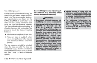 Tire inflation pressure                          Incorrect tire pressure, including un-   ● Before taking a long trip, or
                                                 der inflation, may adversely affect        whenever you heavily load your
Check the tire pressures (including the
                                                 tire life and vehicle handling.            vehicle, use a tire pressure gauge
spare) often and always prior to long dis-
                                                                                            to ensure that the tire pressures
tance trips. The recommended tire pres-                         WARNING                     are at the specified level.
sure specifications are shown on the
F.M.V.S.S./C.M.V.S.S. certification label        ● Improperly inflated tires can fail     ● For additional information re-
                                                   suddenly and cause an accident.          garding tires, refer to “Important
or the Tire and Loading Information label                                                   Tire Safety Information” (US) or
under the “Cold Tire Pressure” heading.          ● The Gross Vehicle Weight Rating          “Tire    Safety       Information”
The Tire and Loading Information label is          (GVWR) is located on the                 (Canada) in the Warranty Infor-
affixed to the driver side center pillar. Tire     F.M.V.S.S./C.M.V.S.S. certifica-         mation Booklet.
                                                   tion label. The vehicle weight ca-
pressures should be checked regularly              pacity is indicated on the Tire and
because:                                           Loading Information label (if so
 ● Most tires naturally lose air over time.        equipped). Do not load your ve-
                                                   hicle beyond this capacity. Over-
 ● Tires can lose air suddenly when                loading your vehicle may result in
   driven over potholes or other objects           reduced tire life, unsafe operat-
   or if the vehicle strikes a curb while          ing conditions due to premature
   parking.                                        tire failure, or unfavorable han-
                                                   dling characteristics and could
The tire pressures should be checked               also lead to a serious accident.
when the tires are cold. The tires are             Loading beyond the specified ca-
considered COLD after the vehicle has              pacity may also result in failure of
                                                   other vehicle components.
been parked for 3 or more hours, or driven
less than 1 mile (1.6 km) at moderate
speeds.

8-32 Maintenance and do-it-yourself




                                                                       ੬ REVIEW COPY—2009 Sentra (sen)
                                                                       Owners Manual—USA_English (nna)
                                                                       10/27/08—tbrooks ੭
 