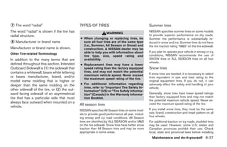 ᭺ The word “radial”
7                                             TYPES OF TIRES                                      Summer tires
The word “radial” is shown if the tire has                        WARNING
                                                                                                  NISSAN specifies summer tires on some models
radial structure.                                                                                 to provide superior performance on dry roads.
                                              ● When changing or replacing tires, be              Summer tire performance is substantially re-
᭺ Manufacturer or brand name
8                                               sure all four tires are of the same type          duced in snow and ice. Summer tires do not have
                                                (i.e., Summer, All Season or Snow) and            the tire traction rating “M&S” on the tire sidewall.
Manufacturer or brand name is shown.            construction. A NISSAN dealer may be
                                                able to help you with information about           If you plan to operate your vehicle in snowy or icy
Other Tire-related Terminology                                                                    conditions, NISSAN recommends the use of
                                                tire type, size, speed rating and
In addition to the many terms that are          availability.                                     SNOW tires or ALL SEASON tires on all four
                                                                                                  wheels.
defined throughout this section, Intended     ● Replacement tires may have a lower
Outboard Sidewall is (1) the sidewall that      speed rating than the factory equipped            Snow tires
contains a whitewall, bears white lettering     tires, and may not match the potential
                                                maximum vehicle speed. Never exceed               If snow tires are needed, it is necessary to select
or bears manufacturer, brand, and/or                                                              tires equivalent in size and load rating to the
                                                the maximum speed rating of the tire.
model name molding that is higher or                                                              original equipment tires. If you do not, it can
deeper than the same molding on the           ● For additional information regarding              adversely affect the safety and handling of your
                                                tires, refer to “Important Tire Safety In-        vehicle.
other sidewall of the tire, or (2) the out-     formation” (US) or “Tire Safety Informa-
ward facing sidewall of an asymmetrical         tion” (Canada) in the Warranty Informa-           Generally, snow tires have lower speed ratings
tire that has a particular side that must       tion Booklet.                                     than factory equipped tires and may not match
                                                                                                  the potential maximum vehicle speed. Never ex-
always face outward when mounted on a                                                             ceed the maximum speed rating of the tire.
                                              All season tires
vehicle.
                                              NISSAN specifies All Season tires on some mod-      If you install snow tires, they must be the same
                                              els to provide good performance all year, includ-   size, brand, construction and tread pattern on all
                                                                                                  four wheels.
                                              ing snowy and icy road conditions. All Season
                                              tires are identified by ALL SEASON and/or M&S       For additional traction on icy roads, studded tires
                                              on the tire sidewall. Snow tires have better snow   may be used. However, some U.S. states and
                                              traction than All Season tires and may be more      Canadian provinces prohibit their use. Check
                                              appropriate in some areas.                          local, state and provincial laws before installing
                                                                                                    Maintenance and do-it-yourself 8-37




                                                                           ੬ REVIEW COPY—2009 Sentra (sen)
                                                                           Owners Manual—USA_English (nna)
                                                                           10/27/08—tbrooks ੭
 
