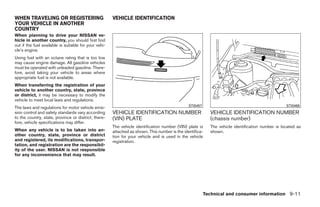 WHEN TRAVELING OR REGISTERING                          VEHICLE IDENTIFICATION
YOUR VEHICLE IN ANOTHER
COUNTRY
When planning to drive your NISSAN ve-
hicle in another country, you should first find
out if the fuel available is suitable for your vehi-
cle’s engine.
Using fuel with an octane rating that is too low
may cause engine damage. All gasoline vehicles
must be operated with unleaded gasoline. There-
fore, avoid taking your vehicle to areas where
appropriate fuel is not available.
When transferring the registration of your
vehicle to another country, state, province
or district, it may be necessary to modify the
vehicle to meet local laws and regulations.
                                                                                                STI0457                                            STI0465
The laws and regulations for motor vehicle emis-
sion control and safety standards vary according       VEHICLE IDENTIFICATION NUMBER                        VEHICLE IDENTIFICATION NUMBER
to the country, state, province or district; there-    (VIN) PLATE                                          (chassis number)
fore, vehicle specifications may differ.
                                                       The vehicle identification number (VIN) plate is     The vehicle identification number is located as
When any vehicle is to be taken into an-               attached as shown. This number is the identifica-    shown.
other country, state, province or district             tion for your vehicle and is used in the vehicle
and registered, its modifications, transpor-           registration.
tation, and registration are the responsibil-
ity of the user. NISSAN is not responsible
for any inconvenience that may result.




                                                                                                          Technical and consumer information 9-11




                                                                                    ੬ REVIEW COPY—2009 Sentra (sen)
                                                                                    Owners Manual—USA_English (nna)
                                                                                    10/27/08—tbrooks ੭
 
