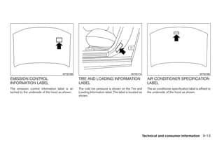 WTI0188                                             WTI0174                                                WTI0198
EMISSION CONTROL                                TIRE AND LOADING INFORMATION                         AIR CONDITIONER SPECIFICATION
INFORMATION LABEL                               LABEL                                                LABEL
The emission control information label is at-   The cold tire pressure is shown on the Tire and      The air conditioner specification label is affixed to
tached to the underside of the hood as shown.   Loading Information label. The label is located as   the underside of the hood as shown.
                                                shown.




                                                                                                   Technical and consumer information 9-13




                                                                              ੬ REVIEW COPY—2009 Sentra (sen)
                                                                              Owners Manual—USA_English (nna)
                                                                              10/27/08—tbrooks ੭
 