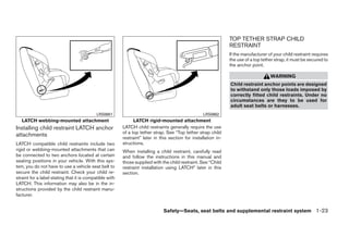 TOP TETHER STRAP CHILD
                                                                                                                 RESTRAINT
                                                                                                                 If the manufacturer of your child restraint requires
                                                                                                                 the use of a top tether strap, it must be secured to
                                                                                                                 the anchor point.

                                                                                                                                      WARNING
                                                                                                                 Child restraint anchor points are designed
                                                                                                                 to withstand only those loads imposed by
                                                                                                                 correctly fitted child restraints. Under no
                                                                                                                 circumstances are they to be used for
                                                                                                                 adult seat belts or harnesses.
                                            LRS0661                                                 LRS0662
   LATCH webbing-mounted attachment                            LATCH rigid-mounted attachment
Installing child restraint LATCH anchor                  LATCH child restraints generally require the use
                                                         of a top tether strap. See “Top tether strap child
attachments                                              restraint” later in this section for installation in-
LATCH compatible child restraints include two            structions.
rigid or webbing-mounted attachments that can            When installing a child restraint, carefully read
be connected to two anchors located at certain           and follow the instructions in this manual and
seating positions in your vehicle. With this sys-        those supplied with the child restraint. See “Child
tem, you do not have to use a vehicle seat belt to       restraint installation using LATCH” later in this
secure the child restraint. Check your child re-         section.
straint for a label stating that it is compatible with
LATCH. This information may also be in the in-
structions provided by the child restraint manu-
facturer.


                                                                              Safety—Seats, seat belts and supplemental restraint system 1-23




                                                                                        ੬ REVIEW COPY—2009 Sentra (sen)
                                                                                        Owners Manual—USA_English (nna)
                                                                                        10/23/08—debbie ੭
 