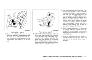 8. After attaching the child restraint, test it be-
                                                                                                           fore you place the child in it. Push it from side
                                                                                                           to side while holding the seat near the seat
                                                                                                           belt path. The child restraint should not
                                                                                                           move more than 1 inch (25 mm), from side to
                                                                                                           side. Try to tug it forward and check to see if
                                                                                                           the belt holds the restraint in place. If the
                                                                                                           restraint is not secure, tighten the belt as
                                                                                                           necessary, or put the restraint in another
                                                                                                           seat and test it again. You may need to try a
                                                                                                           different child restraint. Not all child re-
                                                                                                           straints fit in all types of vehicles.
                                                                                                        9. Check that the retractor is in the ALR mode
                                                                                                           by trying to pull more seat belt out of the
                                    WRS0681                                              WRS0698
                                                                                                           retractor. If you cannot pull any more belt
           Front-facing – step 6                            Front-facing – step 7                          webbing out of the retractor, the retractor is
6. Remove any additional slack from the seat     7. If the child restraint is equipped with a top          in the ALR mode.
   belt; press downward and rearward firmly in      tether strap, route the top tether strap and
   the center of the child restraint with your      secure the tether strap to the tether anchor       10. Check to make sure the child restraint is
   knee to compress the vehicle seat cushion        point (rear seat installation only). See “Top          properly secured prior to each use. If the
   and seatback while pulling up on the seat        tether strap child restraint” in this section.         seat belt is not locked, repeat steps 3
   belt.                                            Do not install child restraints that require the       through 8.
                                                    use of a top tether strap to seating positions
                                                    that do not have a top tether anchor.




                                                                     Safety—Seats, seat belts and supplemental restraint system 1-31




                                                                               ੬ REVIEW COPY—2009 Sentra (sen)
                                                                               Owners Manual—USA_English (nna)
                                                                               10/23/08—debbie ੭
 