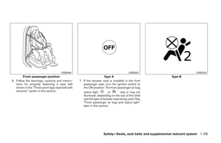 LRS0454                                             LRS0351                             LRS0316
        Front passenger position                                        Type A                                 Type B
6. Follow the warnings, cautions and instruc-      7. If the booster seat is installed in the front
   tions for properly fastening a seat belt           passenger seat, turn the ignition switch to
   shown in the “Three-point type seat belt with      the ON position. The front passenger air bag
   retractor” earlier in this section.                status light         or      may or may not
                                                      illuminate, depending on the size of the child
                                                      and the type of booster seat being used. See
                                                      “Front passenger air bag and status light”
                                                      later in this section.




                                                                      Safety—Seats, seat belts and supplemental restraint system 1-39




                                                                               ੬ REVIEW COPY—2009 Sentra (sen)
                                                                               Owners Manual—USA_English (nna)
                                                                               10/23/08—debbie ੭
 