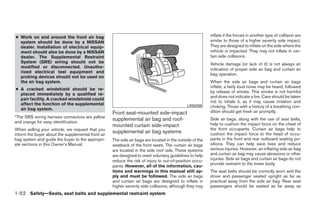 ● Work on and around the front air bag                                                                    inflate if the forces in another type of collision are
  system should be done by a NISSAN                                                                       similar to those of a higher severity side impact.
  dealer. Installation of electrical equip-                                                               They are designed to inflate on the side where the
  ment should also be done by a NISSAN                                                                    vehicle is impacted. They may not inflate in cer-
  dealer. The Supplemental Restraint                                                                      tain side collisions.
  System (SRS) wiring should not be                                                                       Vehicle damage (or lack of it) is not always an
  modified or disconnected. Unautho-
                                                                                                          indication of proper side air bag and curtain air
  rized electrical test equipment and
                                                                                                          bag operation.
  probing devices should not be used on
  the air bag system.                                                                                     When the side air bags and curtain air bags
                                                                                                          inflate, a fairly loud noise may be heard, followed
● A cracked windshield should be re-
                                                                                                          by release of smoke. This smoke is not harmful
  placed immediately by a qualified re-
                                                                                                          and does not indicate a fire. Care should be taken
  pair facility. A cracked windshield could
                                                                                                          not to inhale it, as it may cause irritation and
  affect the function of the supplemental                                                     LRS0259     choking. Those with a history of a breathing con-
  air bag system.
                                                    Front seat-mounted side-impact                        dition should get fresh air promptly.
*The SRS wiring harness connectors are yellow
and orange for easy identification.
                                                    supplemental air bag and roof-                        Side air bags, along with the use of seat belts,
                                                    mounted curtain side-impact                           help to cushion the impact force on the chest of
When selling your vehicle, we request that you                                                            the front occupants. Curtain air bags help to
inform the buyer about the supplemental front air
                                                    supplemental air bag systems                          cushion the impact force to the head of occu-
bag system and guide the buyer to the appropri-     The side air bags are located in the outside of the   pants in the front and rear outboard seating po-
ate sections in this Owner’s Manual.                seatback of the front seats. The curtain air bags     sitions. They can help save lives and reduce
                                                    are located in the side roof rails. These systems     serious injuries. However, an inflating side air bag
                                                    are designed to meet voluntary guidelines to help     and curtain air bag may cause abrasions or other
                                                    reduce the risk of injury to out-of-position occu-    injuries. Side air bags and curtain air bags do not
                                                                                                          provide restraint to the lower body.
                                                    pants. However, all of the information, cau-
                                                    tions and warnings in this manual still ap-           The seat belts should be correctly worn and the
                                                    ply and must be followed. The side air bags           driver and passenger seated upright as far as
                                                    and curtain air bags are designed to inflate in       practical away from the side air bag. Rear seat
                                                    higher severity side collisions, although they may    passengers should be seated as far away as
1-52 Safety—Seats, seat belts and supplemental restraint system




                                                                                  ੬ REVIEW COPY—2009 Sentra (sen)
                                                                                  Owners Manual—USA_English (nna)
                                                                                  10/23/08—debbie ੭
 