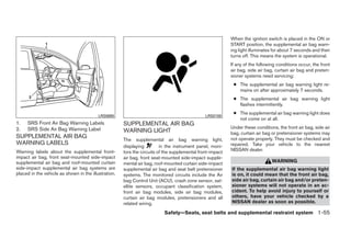 When the ignition switch is placed in the ON or
                                                                                                           START position, the supplemental air bag warn-
                                                                                                           ing light illuminates for about 7 seconds and then
                                                                                                           turns off. This means the system is operational.
                                                                                                           If any of the following conditions occur, the front
                                                                                                           air bag, side air bag, curtain air bag and preten-
                                                                                                           sioner systems need servicing:
                                                                                                            ● The supplemental air bag warning light re-
                                                                                                              mains on after approximately 7 seconds.
                                                                                                            ● The supplemental air bag warning light
                                                                                                              flashes intermittently.
                                                                                                            ● The supplemental air bag warning light does
                                          LRS0695                                              LRS0100
                                                                                                              not come on at all.
1.   SRS Front Air Bag Warning Labels                 SUPPLEMENTAL AIR BAG
2.   SRS Side Air Bag Warning Label                                                                        Under these conditions, the front air bag, side air
                                                      WARNING LIGHT                                        bag, curtain air bag or pretensioner systems may
SUPPLEMENTAL AIR BAG                                                                                       not operate properly. They must be checked and
                                                      The supplemental air bag warning light,
WARNING LABELS                                                                                             repaired. Take your vehicle to the nearest
                                                      displaying         in the instrument panel, moni-
Warning labels about the supplemental front-          tors the circuits of the supplemental front-impact   NISSAN dealer.
impact air bag, front seat-mounted side-impact        air bag, front seat-mounted side-impact supple-
supplemental air bag and roof-mounted curtain         mental air bag, roof-mounted curtain side-impact                          WARNING
side-impact supplemental air bag systems are          supplemental air bag and seat belt pretensioner      If the supplemental air bag warning light
placed in the vehicle as shown in the illustration.   systems. The monitored circuits include the Air      is on, it could mean that the front air bag,
                                                      bag Control Unit (ACU), crash zone sensor, sat-      side air bag, curtain air bag and/or preten-
                                                      ellite sensors, occupant classification system,      sioner systems will not operate in an ac-
                                                      front air bag modules, side air bag modules,         cident. To help avoid injury to yourself or
                                                      curtain air bag modules, pretensioners and all       others, have your vehicle checked by a
                                                      related wiring.                                      NISSAN dealer as soon as possible.

                                                                          Safety—Seats, seat belts and supplemental restraint system 1-55




                                                                                    ੬ REVIEW COPY—2009 Sentra (sen)
                                                                                    Owners Manual—USA_English (nna)
                                                                                    10/23/08—debbie ੭
 