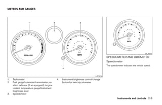METERS AND GAUGES




                                                                                                                                     LIC1015
                                                                                               SPEEDOMETER AND ODOMETER
                                                                                               Speedometer
                                                                                               The speedometer indicates the vehicle speed.



                                                                                     LIC1014
1.   Tachometer                                  4.   Instrument brightness control/change
2.   Fuel gauge/odometer/transmission po-             button for twin trip odometer
     sition indicator (if so equipped) /engine
     coolant temperature gauge/Instrument
     brightness level
3.   Speedometer
                                                                                                         Instruments and controls 2-3




                                                                           ੬ REVIEW COPY—2009 Sentra (sen)
                                                                           Owners Manual—USA_English (nna)
                                                                           10/23/08—debbie ੭
 