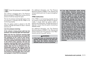 Low tire pressure warning light             For additional information, see “Tire Pressure        ● If the light illuminates while driving,
                                                      Monitoring System (TPMS)” in the “Starting and          avoid sudden steering maneuvers or
                                                      driving” section and in the “In case of emergency”      abrupt braking, reduce vehicle speed,
Your vehicle is equipped with a Tire Pressure
                                                      section.                                                pull off the road to a safe location and
Monitoring System (TPMS) that monitors the tire
pressure of all tires except the spare.               TPMS malfunction:                                       stop the vehicle as soon as possible.
                                                                                                              Driving with under-inflated tires may
The low tire pressure warning light warns of low      If the TPMS is not functioning properly, the low        permanently damage the tires and in-
tire pressure or indicates that the TPMS is not       tire pressure warning light will flash for approxi-     crease the likelihood of tire failure. Se-
functioning properly.                                 mately 1 minute when the ignition switch is             rious vehicle damage could occur and
                                                      placed in the ON position. The light will remain on     may lead to an accident and could re-
After the ignition switch is placed in the ON
                                                      after the 1 minute. Have the system checked by a        sult in serious personal injury. Check
position, this light illuminates for about 1 second
                                                      NISSAN dealer.                                          the tire pressure for all four tires. Adjust
and turns off.
                                                                                                              the tire pressure to the recommended
Low tire pressure warning:                            For additional information, see “Tire Pressure          COLD tire pressure shown on the Tire
                                                      Monitoring System (TPMS)” in the “Starting and          and Loading Information label located
If the vehicle is being driven with low tire          driving” section and “Tire pressure” in the “Main-      in the driver’s door opening to turn the
pressure, the warning light will illuminate.          tenance and do-it-yourself” section.                    low tire pressure warning light OFF. If
When the low tire pressure warning light                                                                      the light still illuminates while driving
illuminates, you should stop and adjust the                                WARNING                            after adjusting the tire pressure, a tire
tire pressure of all 4 tires to the recom-                                                                    may be flat. If you have a flat tire, re-
                                                      ● If the light does not illuminate with the
mended COLD tire pressure shown on the                                                                        place it with a spare tire as soon as
                                                        ignition switch placed in the ON posi-
Tire and Loading Information label located                                                                    possible.
                                                        tion, have the vehicle checked by a
in the driver’s door opening. The low tire
                                                        NISSAN dealer as soon as possible.
pressure warning light does not automati-
cally turn off when the tire pressure is ad-
justed. After the tire is inflated to the rec-
ommended pressure, the vehicle must be
driven at speeds above 16 MPH (25 km/h)
to activate the TPMS and turn off the low
tire pressure warning light. Use a tire pres-
sure gauge to check the tire pressure.
                                                                                                                     Instruments and controls 2-11




                                                                                    ੬ REVIEW COPY—2009 Sentra (sen)
                                                                                    Owners Manual—USA_English (nna)
                                                                                    10/23/08—debbie ੭
 