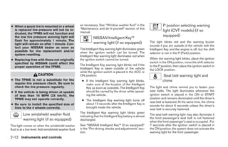 ● When a spare tire is mounted or a wheel              as necessary. See “Window washer fluid” in the                    P position selecting warning
  is replaced tire pressure will not be in-            “Maintenance and do-it-yourself” section of this
                                                       manual.                                                           light (CVT models) (if so
  dicated, the TPMS will not function and
  the low tire pressure warning light will                                                                               equipped)
                                                                 NISSAN Intelligent Key™
  flash for approximately 1 minute. The                                                                        The light blinks red and the warning buzzer
  light will remain on after 1 minute. Con-                      warning light (if so equipped)
                                                                                                               sounds if you are outside of the vehicle with the
  tact your NISSAN dealer as soon as                   The Intelligent Key warning light illuminates green     Intelligent Key and the engine is off, but the shift
  possible for tire replacement and/or                 when the ignition switch can be turned. The
  system resetting.                                                                                            selector is not in the P (Park) position.
                                                       Intelligent Key warning light illuminates red when
● Replacing tires with those not originally            the ignition switch cannot be turned.                   When the warning light blinks, place the ignition
  specified by NISSAN could affect the                                                                         switch in the ON position, move the shift selector
                                                       The Intelligent Key warning light blinks red if the     to the P position, then place the ignition switch in
  proper operation of the TPMS.
                                                       Intelligent Key is taken outside of the vehicle         the LOCK position.
                                                       while the ignition switch is placed in the ACC or
                      CAUTION                          ON position.                                                       Seat belt warning light and
● The TPMS is not a substitute for the                  ● If the Intelligent Key warning light blinks,                   chime
  regular tire pressure check. Be sure to                 make sure of the location of the Intelligent
  check the tire pressure regularly.                      Key as soon as possible. The Intelligent Key         The light and chime remind you to fasten your
● If the vehicle is being driven at speeds                should be carried by the driver while operat-        seat belts. The light illuminates whenever the
  of less than 16 MPH (25 km/h), the                      ing the vehicle.                                     ignition switch is placed in the ON or START
  TPMS may not operate correctly.                                                                              position and remains illuminated until the driver’s
                                                        ● The Intelligent Key warning light turns off
                                                                                                               seat belt is fastened. At the same time, the chime
● Be sure to install the specified size of                about 10 seconds after the Intelligent Key is
                                                                                                               sounds for about 6 seconds unless the driver’s
  tires to the 4 wheels correctly.                        brought inside the vehicle.
                                                                                                               seat belt is securely fastened.
                                                       The Intelligent Key warning light blinks green
          Low windshield washer fluid                  indicating that the Intelligent Key battery is almost
                                                                                                               The seat belt warning light may also illuminate if
          warning light (if so equipped)                                                                       the front passenger’s seat belt is not fastened
                                                       discharged.
                                                                                                               when the front passenger’s seat is occupied . For
This light comes on when the windshield washer         See “NISSAN Intelligent Key™ (if so equipped)”          7 seconds after the ignition switch is placed in
fluid is at a low level. Add windshield washer fluid   in the “Pre-driving checks and adjustments” sec-        the ON position, the system does not activate the
                                                       tion.                                                   warning light for the front passenger.
2-12 Instruments and controls




                                                                                      ੬ REVIEW COPY—2009 Sentra (sen)
                                                                                      Owners Manual—USA_English (nna)
                                                                                      10/23/08—debbie ੭
 