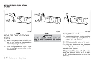 HEADLIGHT AND TURN SIGNAL
SWITCH




                                           LIC0706                                     LIC0688                                                WIC0859
                     Type A                                            Type B                    Headlight beam select
HEADLIGHT CONTROL SWITCH                                               CAUTION
                                                                                                 ᭺
                                                                                                 1    To select the high beam function, push the
Lighting                                               Use the headlights with the engine run-        lever forward. The high beam lights come on
                                                       ning to avoid discharging the vehicle          and the         light illuminates.
᭺
1   When turning the switch to the             posi-   battery.
    tion, the front parking, tail, license plate and                                             ᭺
                                                                                                 2    Pull the lever back to select the low beam.
    instrument panel lights come on.
                                                                                                 ᭺
                                                                                                 3    Pulling and releasing the lever flashes the
᭺
2   When turning the switch to the           posi-                                                    headlight high beams on and off.
    tion, the headlights come on and all the other                                               Battery saver system
    lights remain on.
                                                                                                 If the ignition switch is placed in the OFF position
                                                                                                 while the headlight switch is in the
                                                                                                 or         position, the headlights will turn off after
                                                                                                 5 minutes.
2-20 Instruments and controls




                                                                                ੬ REVIEW COPY—2009 Sentra (sen)
                                                                                Owners Manual—USA_English (nna)
                                                                                10/23/08—debbie ੭
 