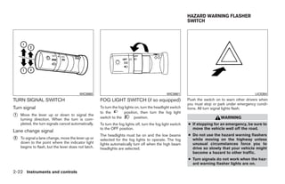 HAZARD WARNING FLASHER
                                                                                                             SWITCH




                                         WIC0860                                                WIC0861                                           LIC0394
TURN SIGNAL SWITCH                                   FOG LIGHT SWITCH (if so equipped)                       Push the switch on to warn other drivers when
                                                                                                             you must stop or park under emergency condi-
Turn signal                                          To turn the fog lights on, turn the headlight switch    tions. All turn signal lights flash.
                                                     to the         position, then turn the fog light
᭺
1   Move the lever up or down to signal the
                                                     switch to the         position.                                           WARNING
    turning direction. When the turn is com-
    pleted, the turn signals cancel automatically.   To turn the fog lights off, turn the fog light switch   ● If stopping for an emergency, be sure to
                                                     to the OFF position.                                      move the vehicle well off the road.
Lane change signal
                                                     The headlights must be on and the low beams             ● Do not use the hazard warning flashers
᭺
2   To signal a lane change, move the lever up or    selected for the fog lights to operate. The fog           while moving on the highway unless
    down to the point where the indicator light      lights automatically turn off when the high beam          unusual circumstances force you to
    begins to flash, but the lever does not latch.   headlights are selected.                                  drive so slowly that your vehicle might
                                                                                                               become a hazard to other traffic.
                                                                                                             ● Turn signals do not work when the haz-
                                                                                                               ard warning flasher lights are on.

2-22 Instruments and controls




                                                                                    ੬ REVIEW COPY—2009 Sentra (sen)
                                                                                    Owners Manual—USA_English (nna)
                                                                                    10/23/08—debbie ੭
 