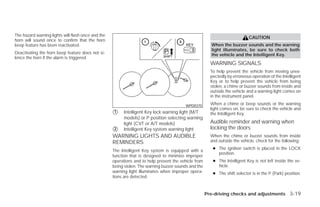 The hazard warning lights will flash once and the
                                                                                                                             CAUTION
horn will sound once to confirm that the horn
beep feature has been reactivated.                                                                      When the buzzer sounds and the warning
                                                                                                        light illuminates, be sure to check both
Deactivating the horn beep feature does not si-                                                         the vehicle and the Intelligent Key.
lence the horn if the alarm is triggered.
                                                                                                        WARNING SIGNALS
                                                                                                        To help prevent the vehicle from moving unex-
                                                                                                        pectedly by erroneous operation of the Intelligent
                                                                                                        Key or to help prevent the vehicle from being
                                                                                                        stolen, a chime or buzzer sounds from inside and
                                                                                                        outside the vehicle and a warning light comes on
                                                                                                        in the instrument panel.

                                                                                          WPD0370       When a chime or beep sounds or the warning
                                                                                                        light comes on, be sure to check the vehicle and
                                                    ᭺
                                                    1    Intelligent Key lock warning light (M/T        the Intelligent Key.
                                                         models) or P position selecting warning
                                                         light (CVT or A/T models)                      Audible reminder and warning when
                                                    ᭺
                                                    2    Intelligent Key system warning light           locking the doors
                                                    WARNING LIGHTS AND AUDIBLE                          When the chime or buzzer sounds from inside
                                                    REMINDERS                                           and outside the vehicle, check for the following:
                                                                                                         ● The ignition switch is placed in the LOCK
                                                    The Intelligent Key system is equipped with a
                                                                                                           position.
                                                    function that is designed to minimize improper
                                                    operations and to help prevent the vehicle from      ● The Intelligent Key is not left inside the ve-
                                                    being stolen. The warning buzzer sounds and the        hicle.
                                                    warning light illuminates when improper opera-       ● The shift selector is in the P (Park) position.
                                                    tions are detected.


                                                                                                      Pre-driving checks and adjustments 3-19




                                                                                ੬ REVIEW COPY—2009 Versa (vrs)
                                                                                Owners Manual—USA_English (nna)
                                                                                09/10/08—debbie ੭
 
