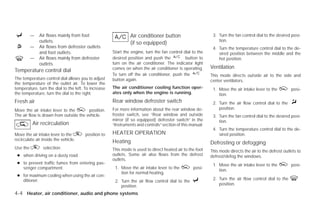 —   Air flows mainly from foot                       Air conditioner button                       3. Turn the fan control dial to the desired posi-
              outlets.                                                                                         tion.
                                                               (if so equipped)
          —   Air flows from defroster outlets                                                              4. Turn the temperature control dial to the de-
              and foot outlets.                       Start the engine, turn the fan control dial to the       sired position between the middle and the
          —   Air flows mainly from defroster         desired position and push the           button to        hot position.
              outlets.                                turn on the air conditioner. The indicator light
                                                      comes on when the air conditioner is operating.      Ventilation
Temperature control dial
                                                      To turn off the air conditioner, push the            This mode directs outside air to the side and
The temperature control dial allows you to adjust     button again.                                        center ventilators.
the temperature of the outlet air. To lower the
temperature, turn the dial to the left. To increase   The air conditioner cooling function oper-            1. Move the air intake lever to the         posi-
the temperature, turn the dial to the right.          ates only when the engine is running.                    tion.
Fresh air                                             Rear window defroster switch                          2. Turn the air flow control dial to the
Move the air intake lever to the        position.     For more information about the rear window de-           position.
The air flow is drawn from outside the vehicle.       froster switch, see “Rear window and outside          3. Turn the fan control dial to the desired posi-
                                                      mirror (if so equipped) defroster switch” in the         tion.
          Air recirculation                           “Instruments and controls” section of this manual.
                                                                                                            4. Turn the temperature control dial to the de-
Move the air intake lever to the       position to    HEATER OPERATION                                         sired position.
recirculate air inside the vehicle.                   Heating                                              Defrosting or defogging
Use the         selection:                            This mode is used to direct heated air to the foot   This mode directs the air to the defrost outlets to
 ● when driving on a dusty road.                      outlets. Some air also flows from the defrost        defrost/defog the windows.
                                                      outlets.
 ● to prevent traffic fumes from entering pas-                                                              1. Move the air intake lever to the         posi-
   senger compartment.                                 1. Move the air intake lever to the        posi-
                                                                                                               tion.
                                                          tion for normal heating.
 ● for maximum cooling when using the air con-
   ditioner.                                                                                                2. Turn the air flow control dial to the
                                                       2. Turn the air flow control dial to the
                                                          position.                                            position.

4-4 Heater, air conditioner, audio and phone systems




                                                                                    ੬ REVIEW COPY—2009 Versa (vrs)
                                                                                    Owners Manual—USA_English (nna)
                                                                                    09/10/08—tbrooks ੭
 