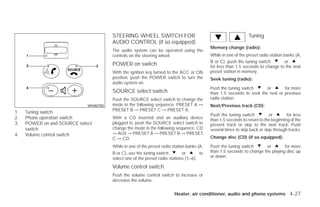 STEERING WHEEL SWITCH FOR                                                 Tuning
                                       AUDIO CONTROL (if so equipped)
                                                                                            Memory change (radio):
                                       The audio system can be operated using the
                                       controls on the steering wheel.                      While in one of the preset radio station banks (A,
                                                                                            B or C), push the tuning switch           or
                                       POWER on switch                                      for less than 1.5 seconds to change to the next
                                       With the ignition key turned to the ACC or ON        preset station in memory.
                                       position, push the POWER switch to turn the          Seek tuning (radio):
                                       audio system on.
                                                                                            Push the tuning switch      or       for more
                                       SOURCE select switch                                 than 1.5 seconds to seek the next or previous
                                       Push the SOURCE select switch to change the          radio station.
                             WHA0785   mode in the following sequence: PRESET A →           Next/Previous track (CD):
                                       PRESET B → PRESET C → PRESET A.
1.   Tuning switch
                                                                                            Push the tuning switch          or        for less
2.   Phone operation switch            With a CD inserted and an auxiliary device           than 1.5 seconds to return to the beginning of the
3.   POWER on and SOURCE select        plugged in, push the SOURCE select switch to         present track or skip to the next track. Push
     switch                            change the mode in the following sequence: CD        several times to skip back or skip through tracks.
4.   Volume control switch             → AUX → PRESET A → PRESET B → PRESET
                                       C → CD.                                              Change disc (CD) (if so equipped):

                                       While in one of the preset radio station banks (A,   Push the tuning switch      or        for more
                                       B or C), use the tuning switch        or       to    than 1.5 seconds to change the playing disc up
                                       select one of the preset radio stations (1–6).       or down.

                                       Volume control switch
                                       Push the volume control switch to increase or
                                       decrease the volume.


                                                                         Heater, air conditioner, audio and phone systems 4-27




                                                                     ੬ REVIEW COPY—2009 Versa (vrs)
                                                                     Owners Manual—USA_English (nna)
                                                                     09/10/08—debbie ੭
 