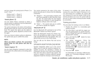 and you change the priority level of Phone C to        The system announces the name of the active             If memory A is available, the system will use
Level 1, then:                                         phone and asks you to choose from the following         memory A to store the model. If memory A is in
                                                       commands:                                               use and memory B is available, the system will
    Priority Level 1 = Phone C
    Priority Level 2 = Phone B                          ● “Ringtone” — The system plays a ringtone and         use memory B to store the model. If both of the
    Priority Level 3 = Phone A                            asks if you would like to select that tone. If you   memory locations are in use, the system will ask
                                                          say “No”, the system plays the next ringtone         the user to select which memory location should
“Delete phone” ᭺
               E                                                                                               be overwritten.
                                                          available and continues to cycle through the
Use the Delete Phone command to delete a                  ringtones until you select one or quit.
specific phone or all phones from the Bluetoothா
                                                                                                               Training procedure
                                                        ● “Silent” — The system asks you to confirm
Hands-Free Phone System.                                                                                       The procedure for training a voice is as follows.
                                                          your wish to disable the ringtone.
The system announces the names of the phones                                                                    1. Position the vehicle in a reasonably quiet
                                                       “Bluetooth off” ᭺
                                                                       G
                                                                                                                   outdoor location.
already paired with the system and their priority
level. The system then gives you the option to         Use the Bluetooth Off command to turn off the            2. Sit in the driver’s seat with the engine run-
delete a specific phone, all phones or listen to the   Bluetoothா Hands-Free Phone System.                         ning, the parking brake on, and the transmis-
list again.                                                                                                        sion in P (Park) (AT and CVT models) or N
                                                       When the Bluetoothா Hands-Free Phone Sys-
Once you choose to delete a phone or all phones,       tem is off, you will not be able to make or receive         (Neutral) (MT models).
the system asks you to confirm this action.            calls using NISSAN Voice Recognition. Also, you          3. Press and hold the        button for more
                                                       will not have access to the Phone Book.                     than 5 seconds.
NOTE:
                                                       You can still use the Memo Pad and access                4. The system announces: “Press the
When you delete a phone, the associated                Setup.                                                      PHONE/SEND (          ) button for the
phone book for that phone will also be                                                                             hands-free phone system to enter the
deleted.                                               SPEAKER ADAPTATION (SA) MODE                                speaker adaptation mode or press the
“Select ringtone” ᭺
                  F                                    Speaker Adaptation allows up to two out-of-                 PHONE/END (        ) button to select a dif-
                                                       dialect users to train the system to improve rec-           ferent language.”
Use the Select Ringtone command to select the          ognition accuracy. By repeating a number of
tone heard in the vehicle when an incoming call is                                                              5. Press the        button.
                                                       commands, the users can create a voice model of
received.                                              their own voice that is stored in the system. The           For information on selecting a different lan-
                                                       system is capable of storing a different speaker            guage, see “Choosing a language” earlier in
                                                       adaptation model for memory A and memory B.                 this section.
                                                                                           Heater, air conditioner, audio and phone systems 4-41




                                                                                      ੬ REVIEW COPY—2009 Versa (vrs)
                                                                                      Owners Manual—USA_English (nna)
                                                                                      09/10/08—debbie ੭
 